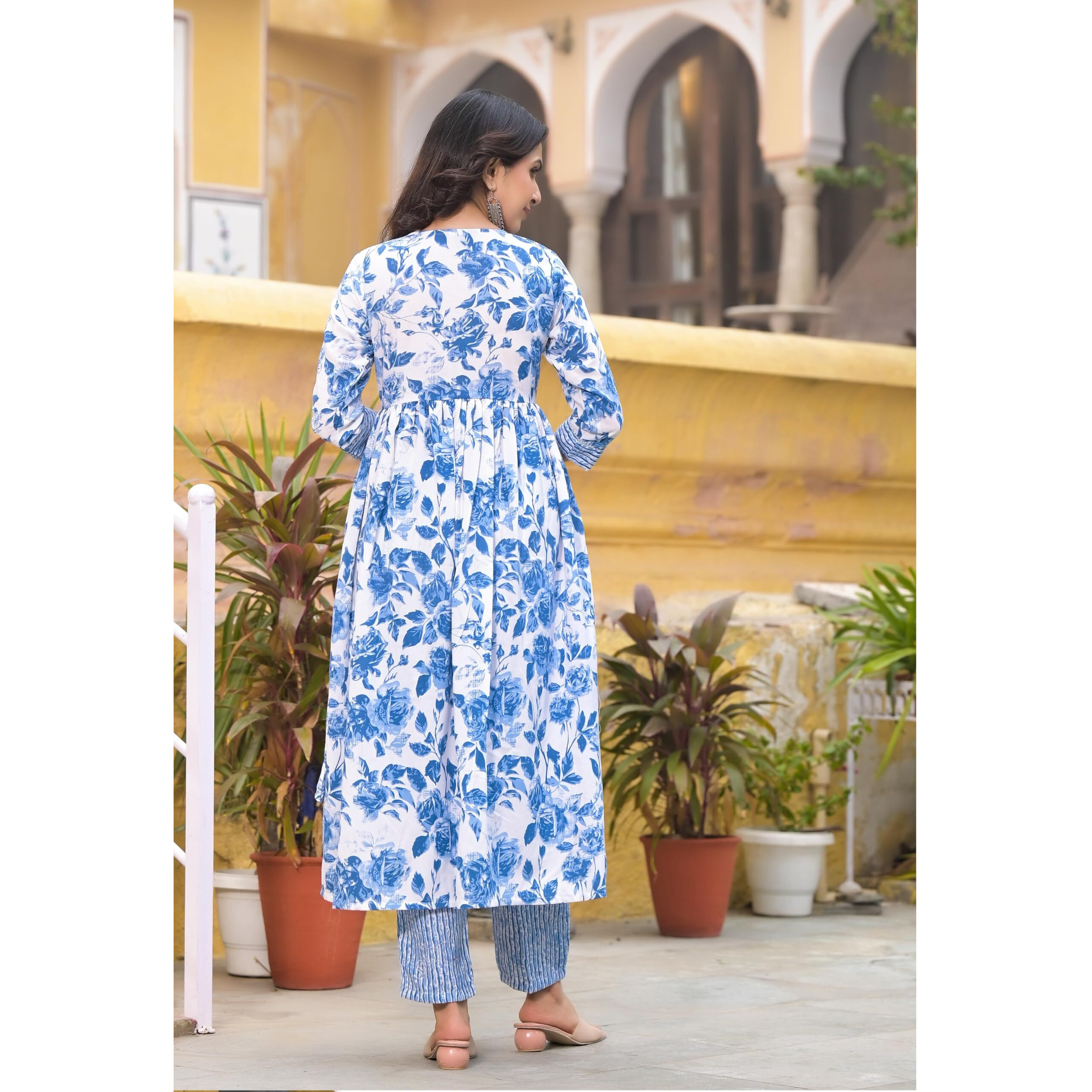 KLOSIA Women Embroidery Floral Printed Anarkali Kurta and Pant Set with Dupatta | Kurta Set | Ethnic Set | Dupatta Set | Wedding Suit | (XX-Large) White