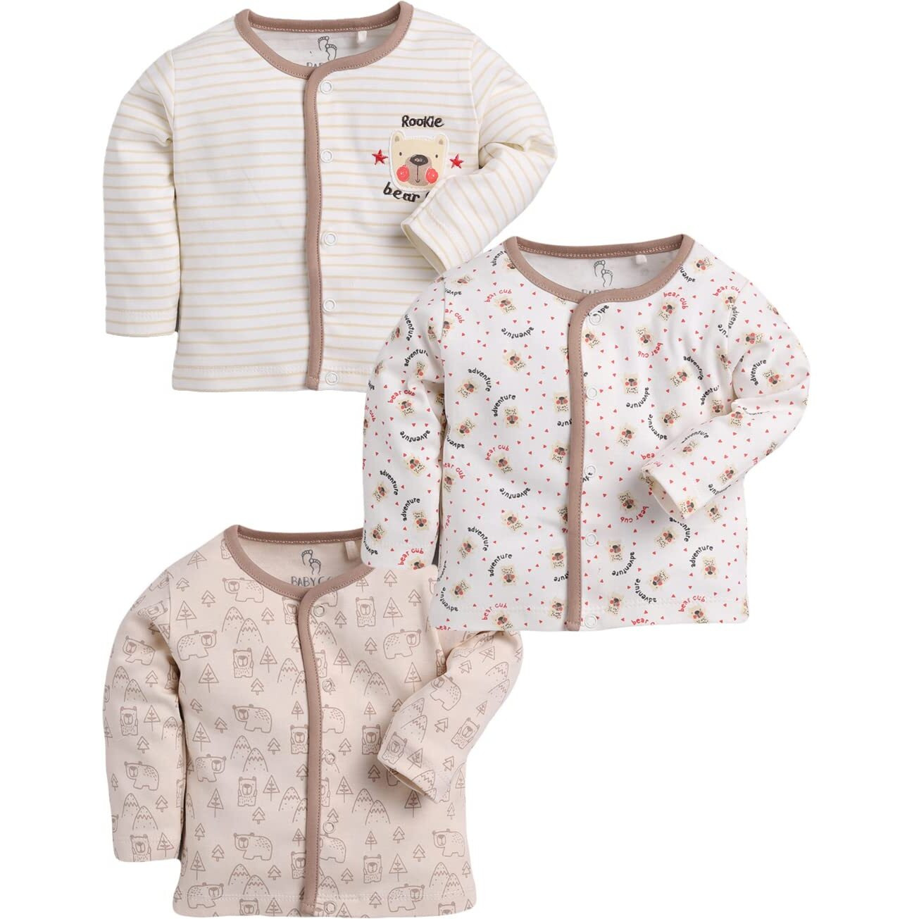 BABY GO 0-3M/3-6M/6-9M/9-12M Full Sleeves 100% Pure Cotton Open Shirts/Snap Botton Tees for Baby Boys(Pack of 3) Beige