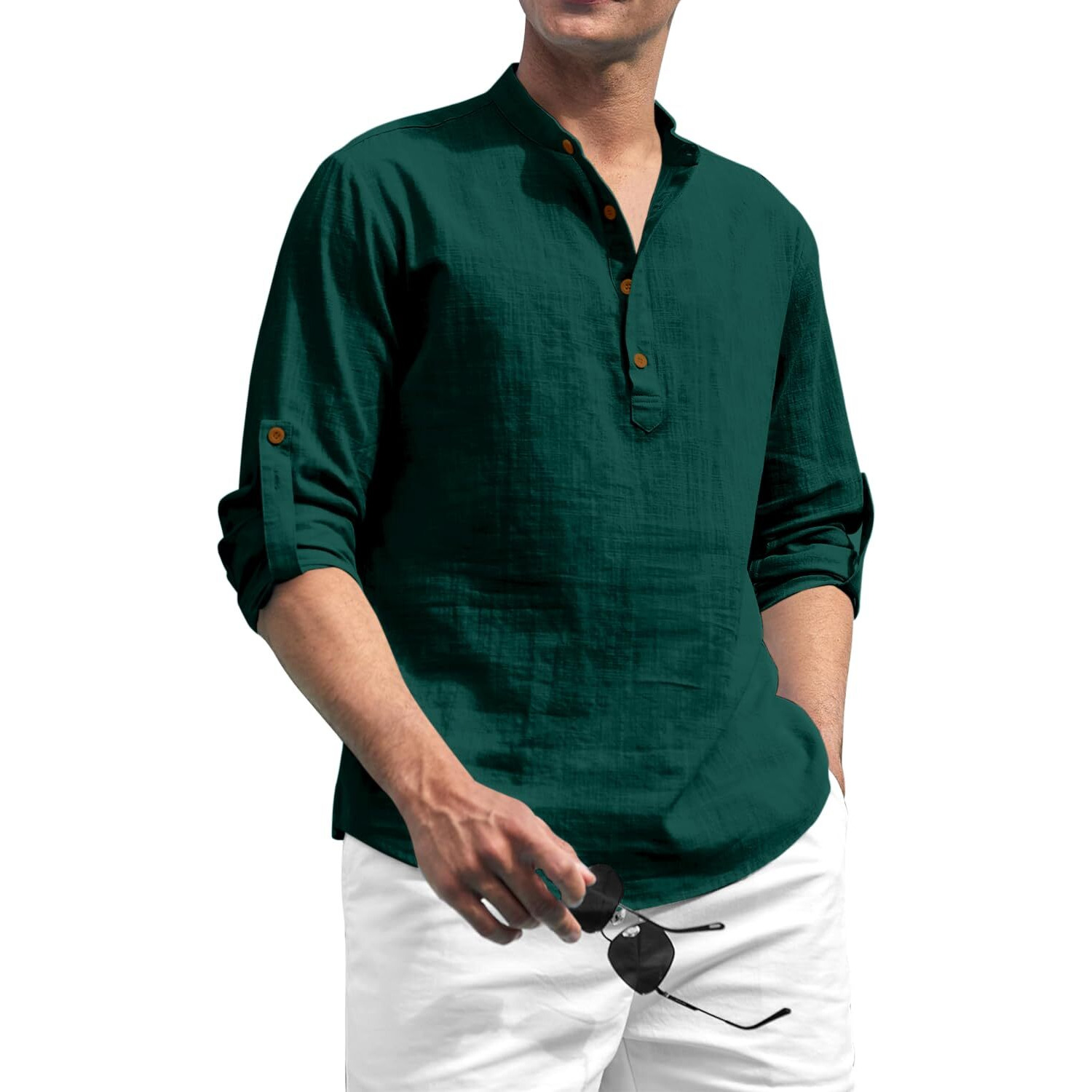 Zombom Cotton Blend Solid Casual Regular Fit Mandarin/Chinese Collor Short Kurta for Men Green