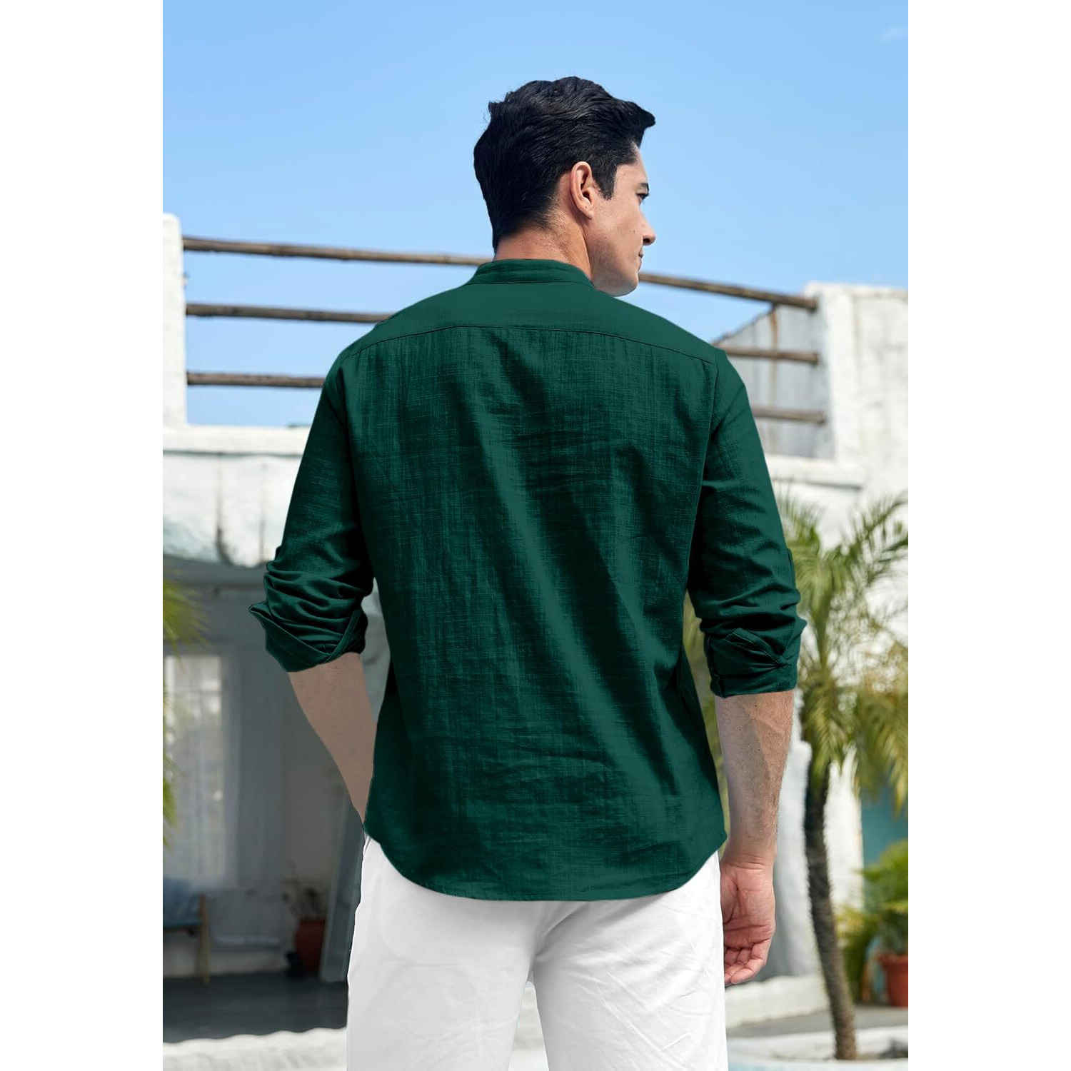 Zombom Cotton Blend Solid Casual Regular Fit Mandarin/Chinese Collor Short Kurta for Men Green
