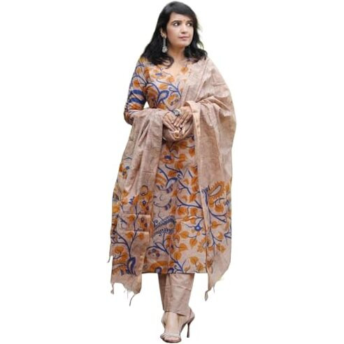 ANNI DESIGNER Women's Rayon Blend Printed Straight Kurta with Pant & Dupatta (Kalam Chiku_3XL_Beige_XXX-Large)