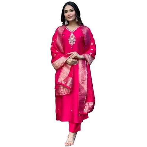 ANNI DESIGNER Women's Silk Blend Straight Embroidered Kurta with Pant & Dupatta (Premium Pink_S_Pink_Small)