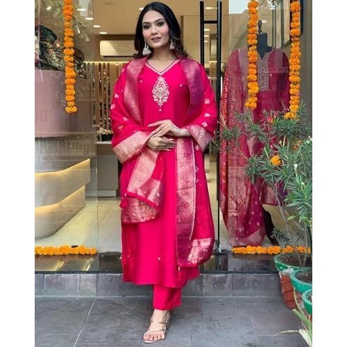 ANNI DESIGNER Women's Silk Blend Straight Embroidered Kurta with Pant & Dupatta (Premium Pink_S_Pink_Small)