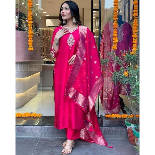 ANNI DESIGNER Women's Silk Blend Straight Embroidered Kurta with Pant & Dupatta (Premium Pink_S_Pink_Small)