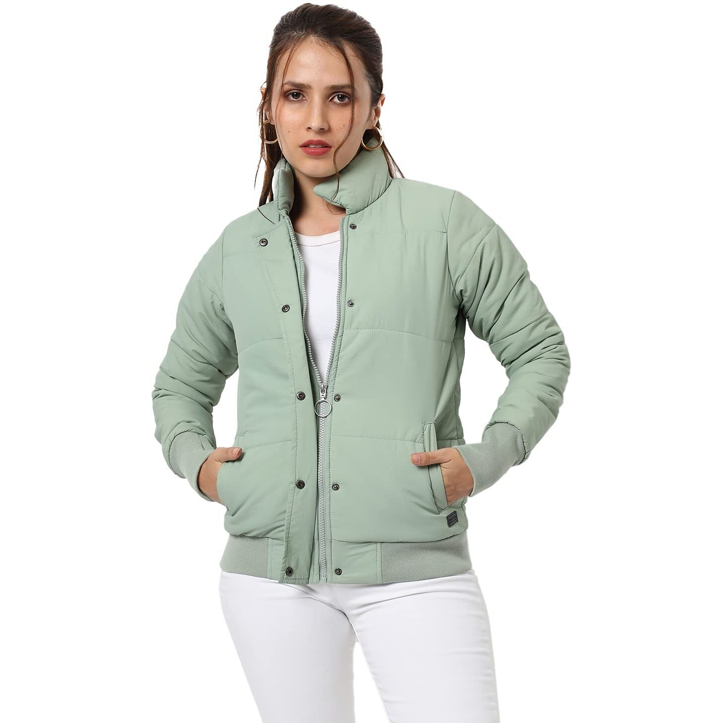 Campus Sutra Women's Light Green Puffer Regular Fit Bomber Jacket For Winter Wear | Standing Collar | Full Sleeve | Buttoned | Casual Jacket For Woman & Girl | Western Stylish Jacket For Women