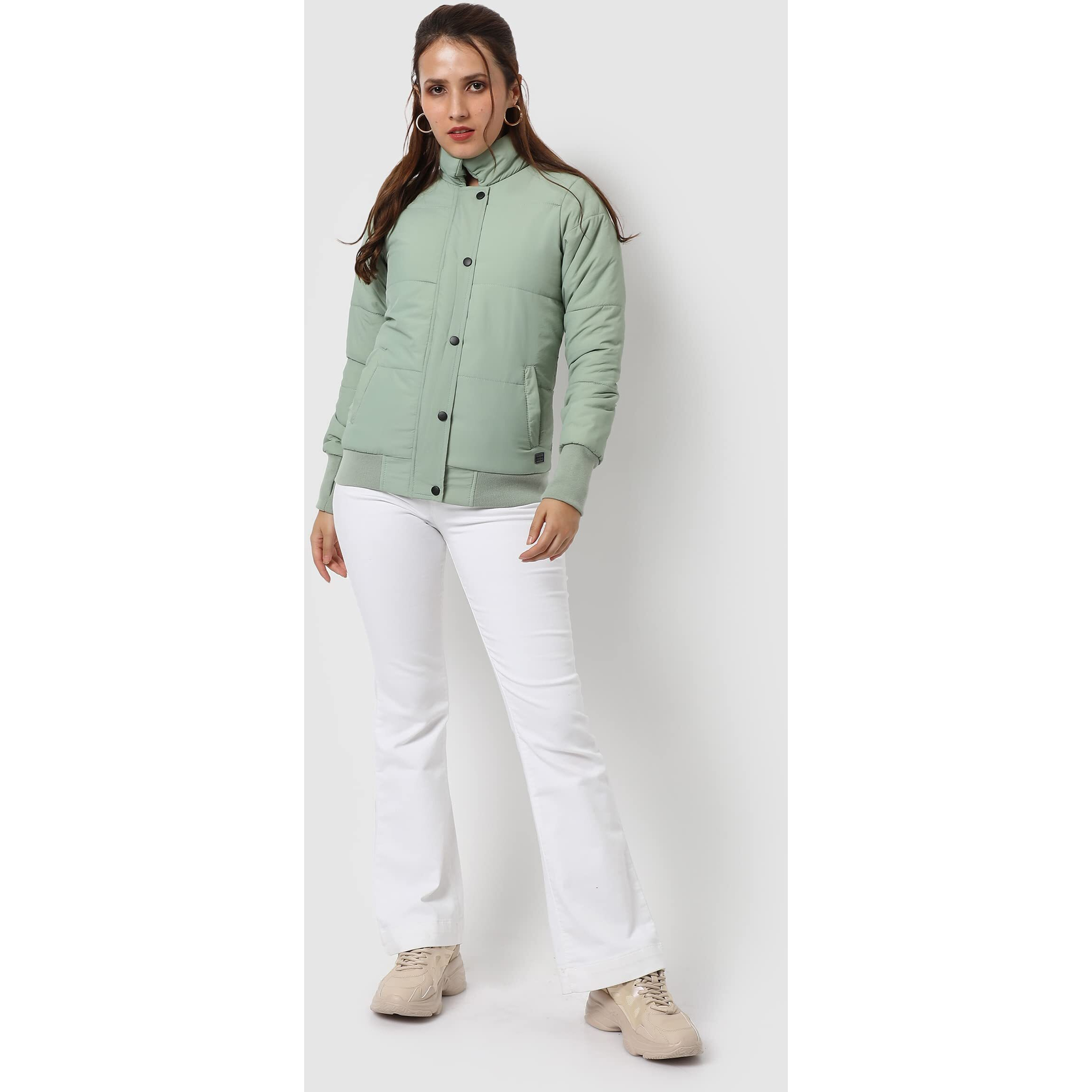 Campus Sutra Women's Light Green Puffer Regular Fit Bomber Jacket For Winter Wear | Standing Collar | Full Sleeve | Buttoned | Casual Jacket For Woman & Girl | Western Stylish Jacket For Women
