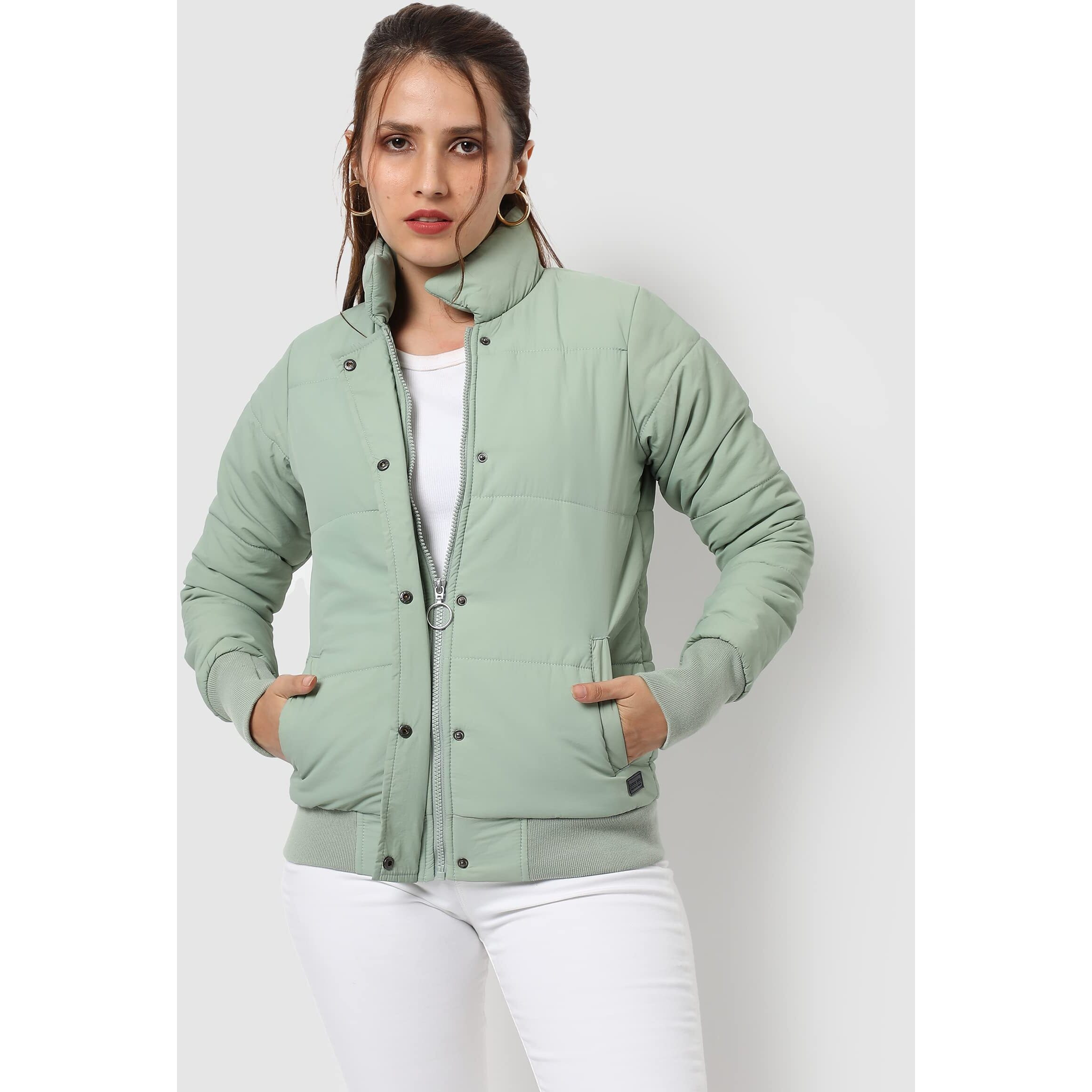 Campus Sutra Women's Light Green Puffer Regular Fit Bomber Jacket For Winter Wear | Standing Collar | Full Sleeve | Buttoned | Casual Jacket For Woman & Girl | Western Stylish Jacket For Women
