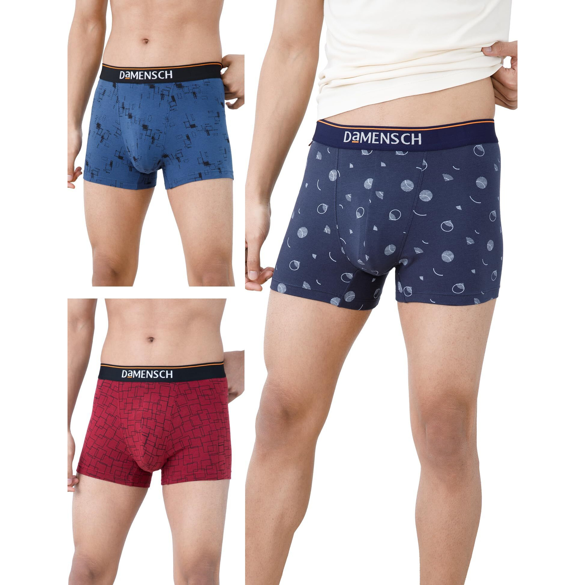 DAMENSCH Men's Cotton Blend Trunks (Pack of 3) (DAM-CTP-T-BLB-NVP-WGG-PACK-3-M_Blue Buzz, Navy Pixels, Wine Grid Game_M)