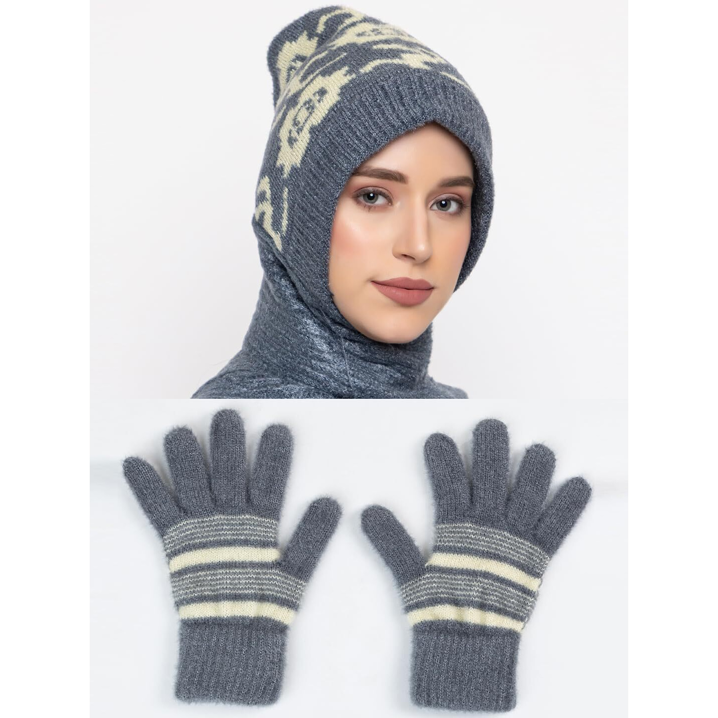 AMOLDO Combo Set Of Women Winter Woolen Knitted Skull Beanie Cap With Muffler/Scraf And Gloves (Design Cap) (Grey)