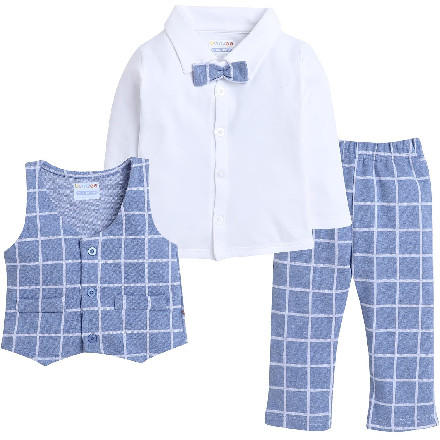 BUMZEE Unisex Cotton Sky Blue & White Boys Full Sleeves Shirt Waistcoat & Pant Set with Applique Bow Age-18-24 Months (Peb8051E-Sbl.Wht)