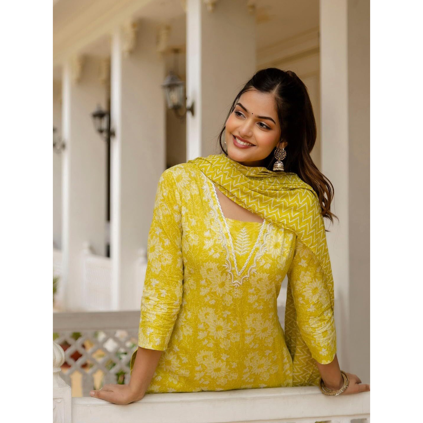 KLOSIA Women Viscose Printed A-Line Kurta and Pant Set with Dupatta (in, Alpha, XL, Yellow)