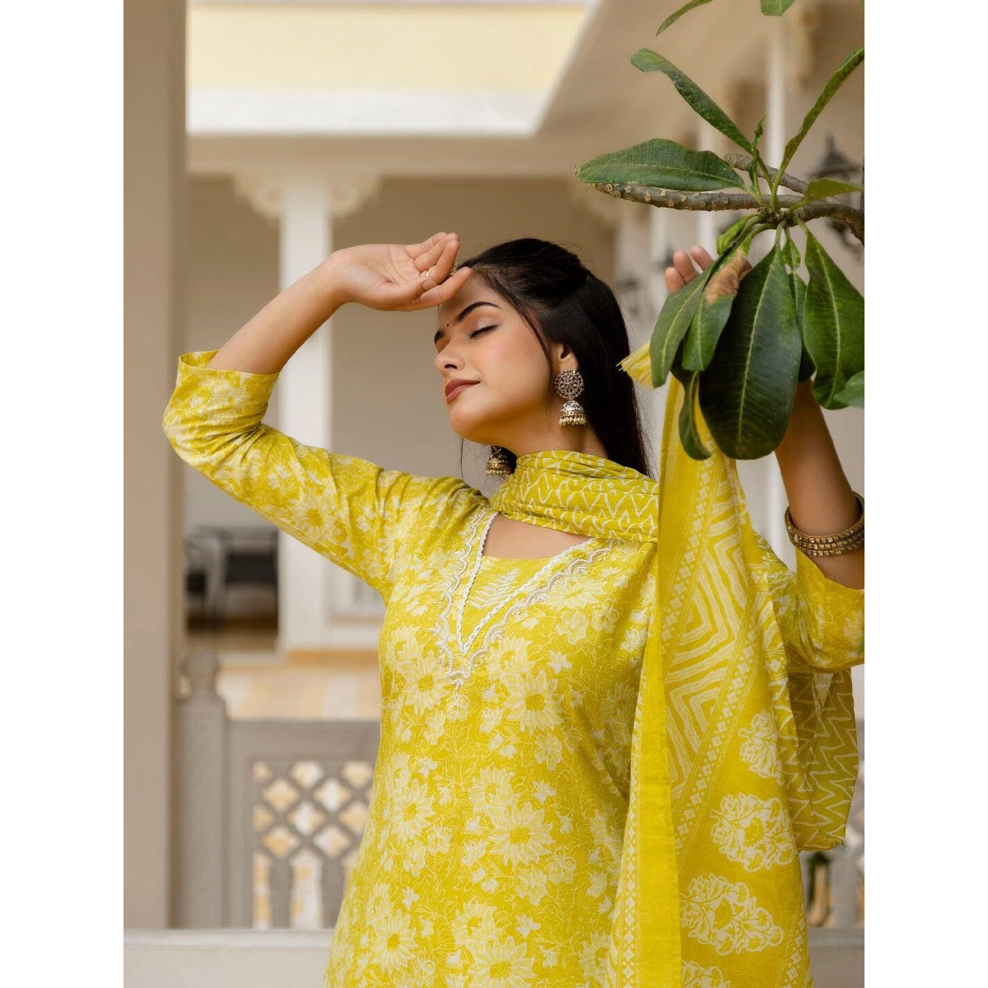 KLOSIA Women Viscose Printed A-Line Kurta and Pant Set with Dupatta (in, Alpha, XL, Yellow)