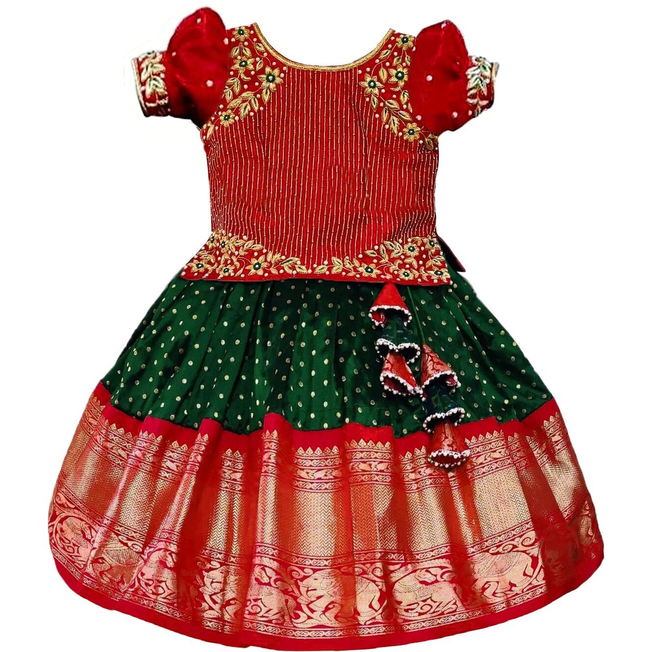 White Button Girl's Polyester Blend Readymade Lehenga Choli (Baby Jecq Red Line Choli-12-18 Months, Green_12 Months-18