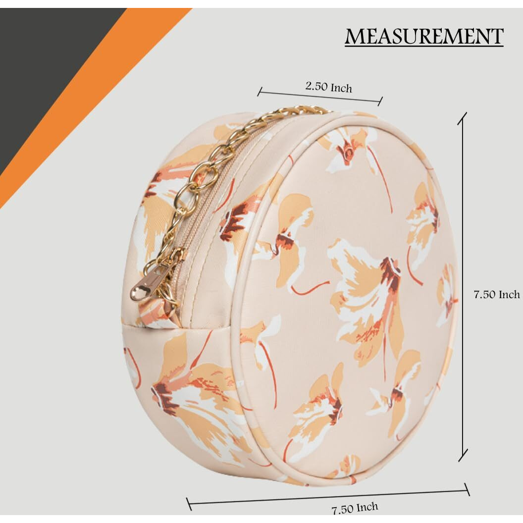 ADISA Women Girls Floral Print Round Sling Bag (SL5073-CRE_Cream)