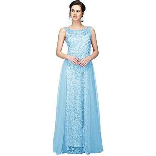 PATLANI Women's Net Fit and Flare Knee-Length Dress (All Over-New_Light Blue Small
