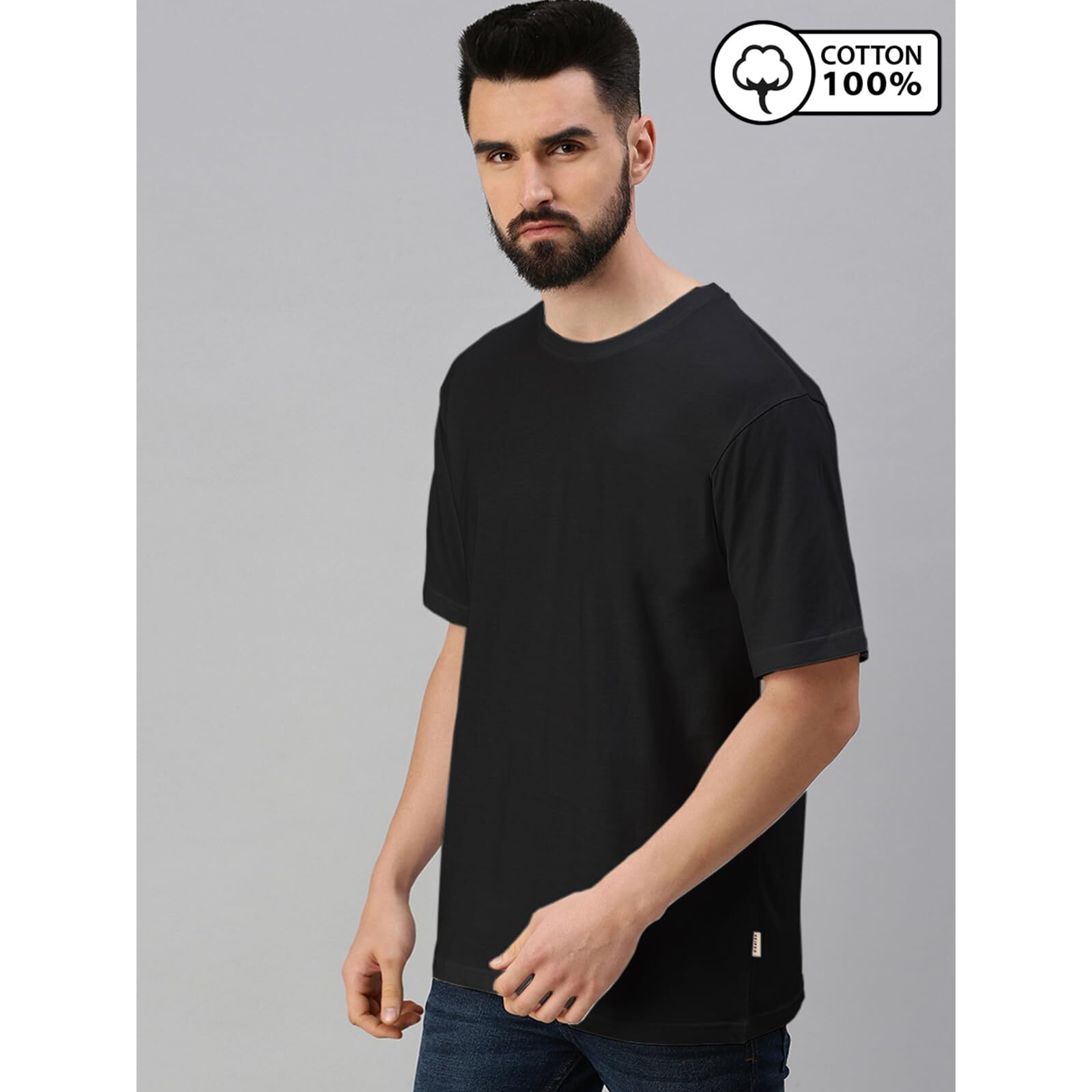 VeirdoBlack Oversized Baggy Fit Drop Shoulder Half Sleeves Round Neck Solid Pure Cotton T-Shirt for Men (OS_100_Black_XL)