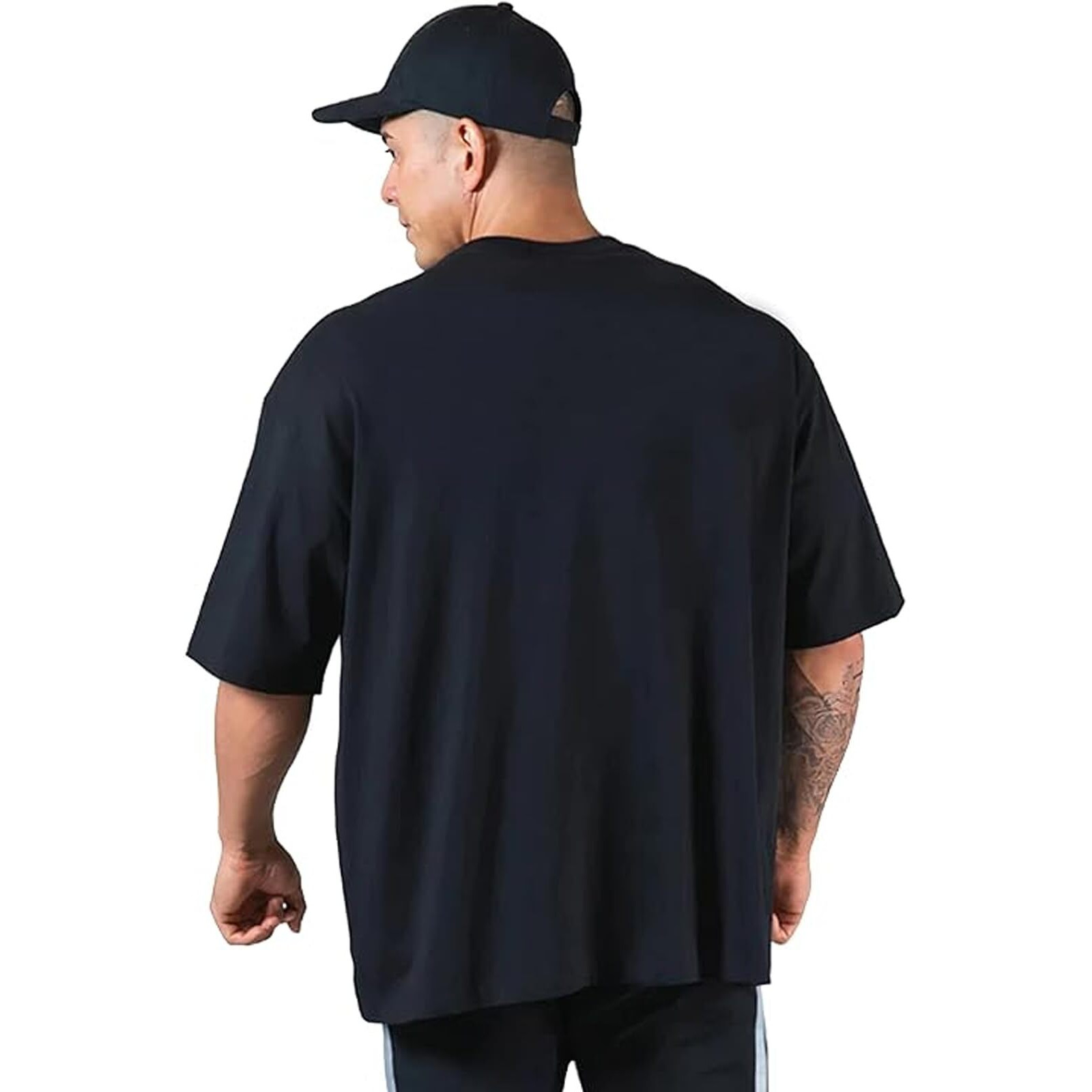 VeirdoBlack Oversized Baggy Fit Drop Shoulder Half Sleeves Round Neck Solid Pure Cotton T-Shirt for Men (OS_100_Black_XL)