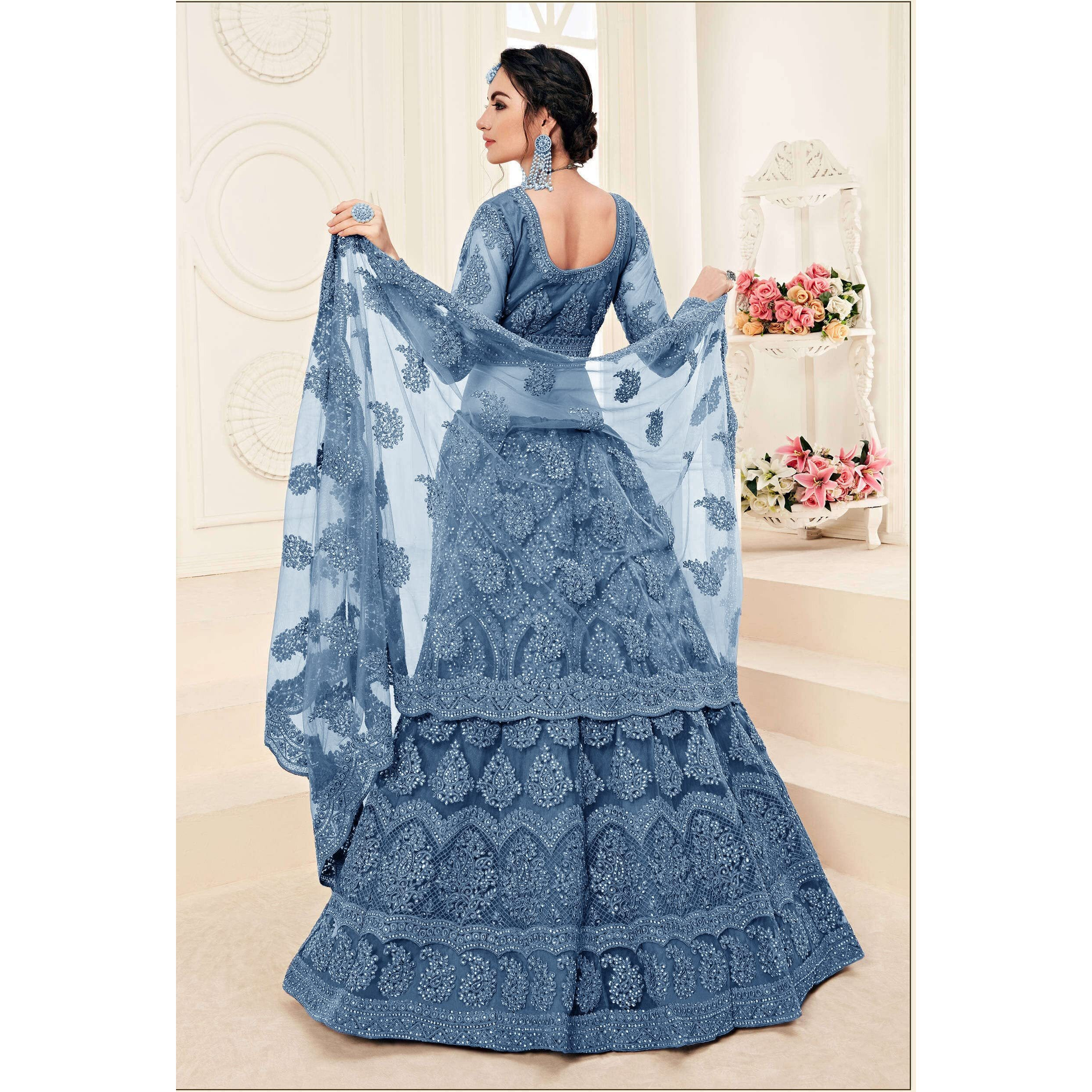 PATLANI Letest Design chain embroderied with Stone Work Woman s Flered Lehenga choli.Aqua Blue (Semi Stitched)