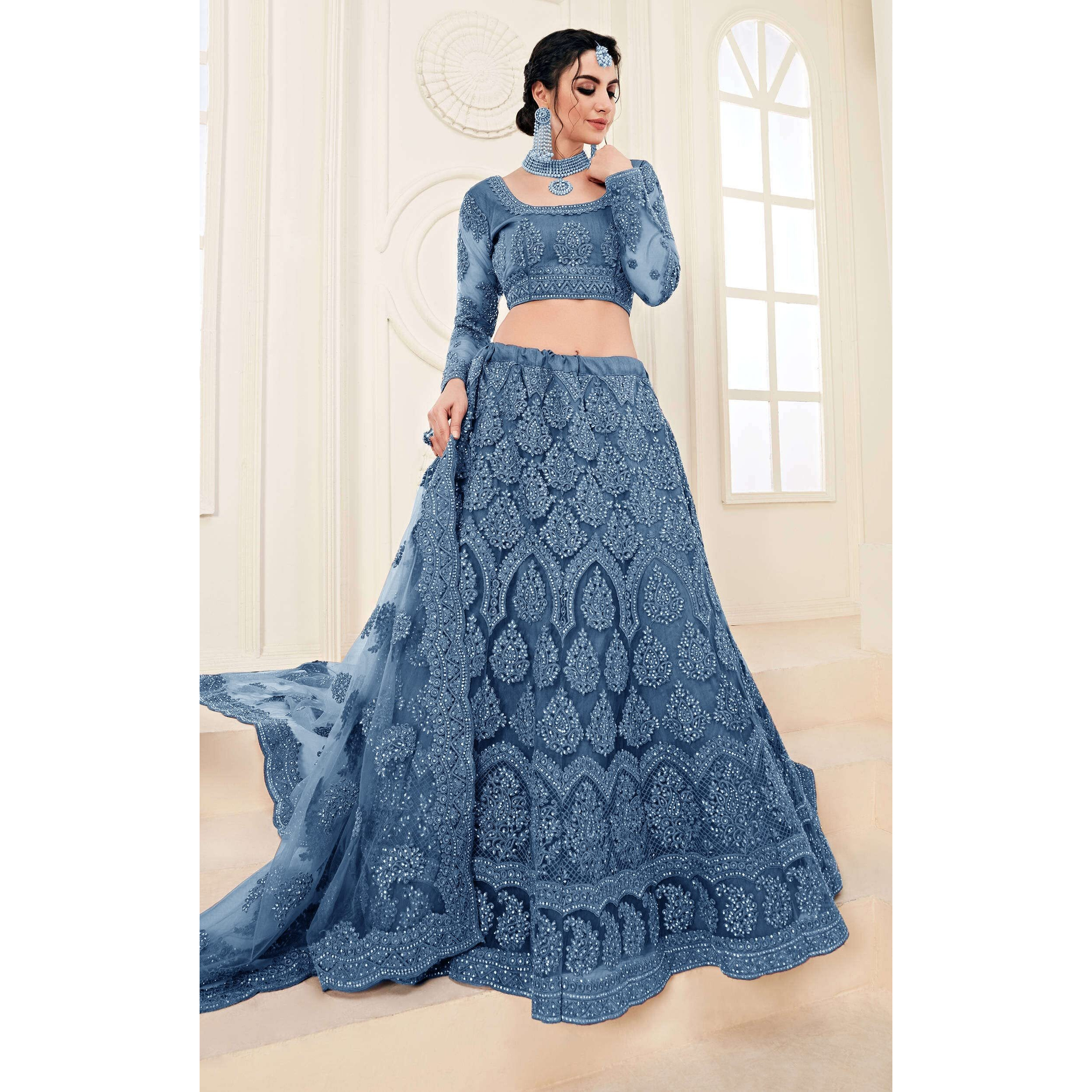PATLANI Letest Design chain embroderied with Stone Work Woman s Flered Lehenga choli.Aqua Blue (Semi Stitched)