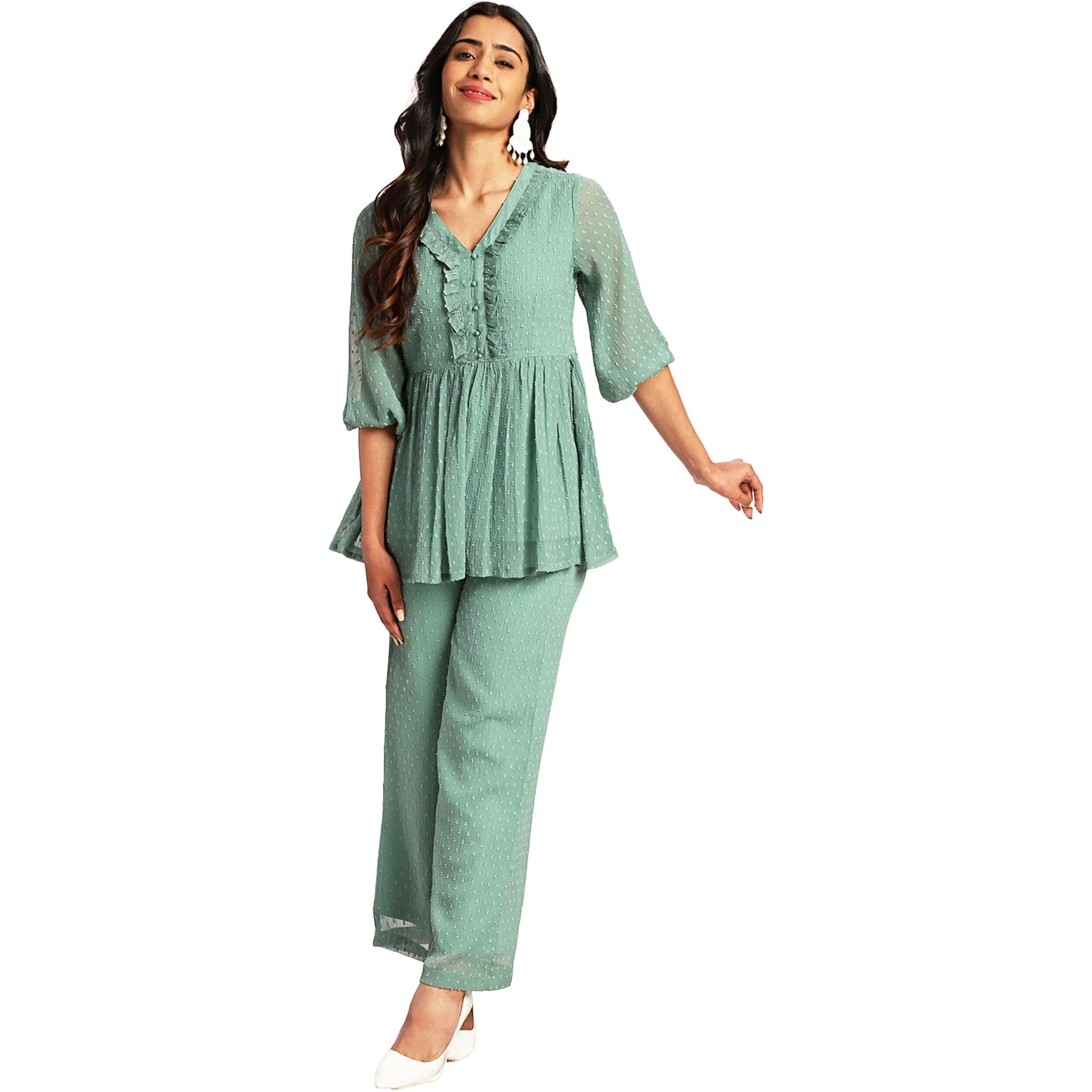 Janasya Women's Sage Dobby Chiffon Woven Design Peplum Co-ord Set (SET966-CO-ORD-J-L)