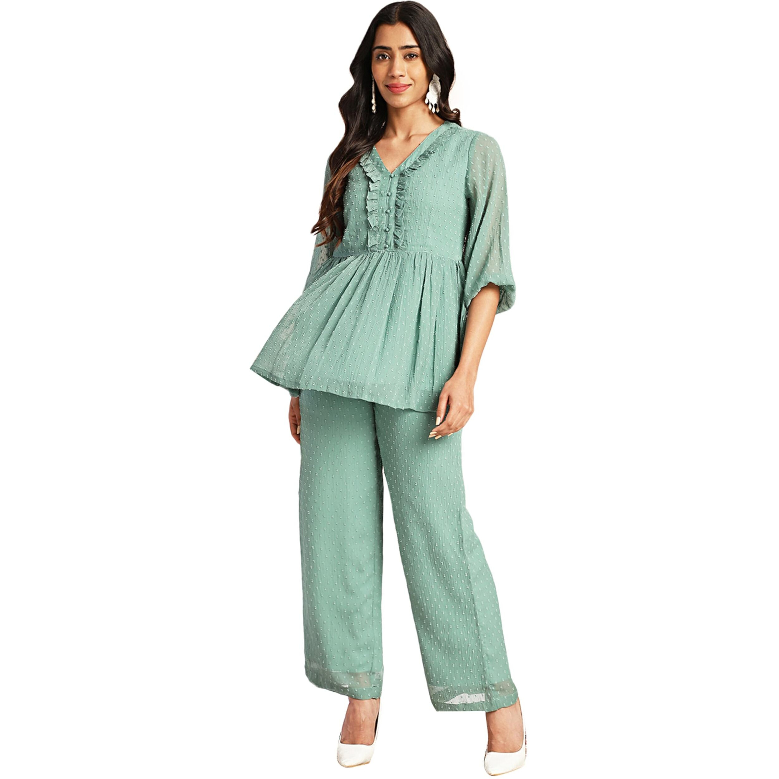 Janasya Women's Sage Dobby Chiffon Woven Design Peplum Co-ord Set (SET966-CO-ORD-J-L)