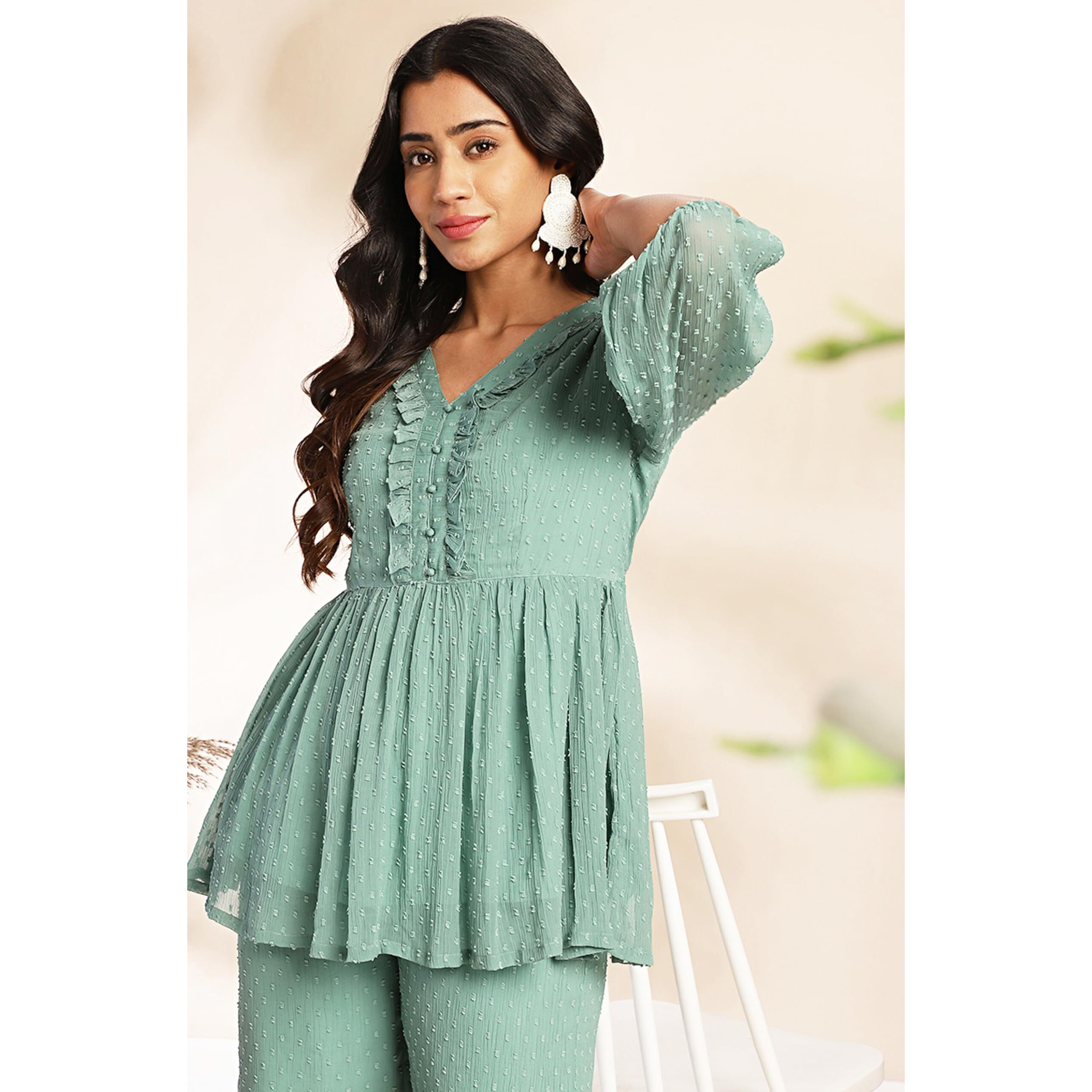 Janasya Women's Sage Dobby Chiffon Woven Design Peplum Co-ord Set (SET966-CO-ORD-J-L)