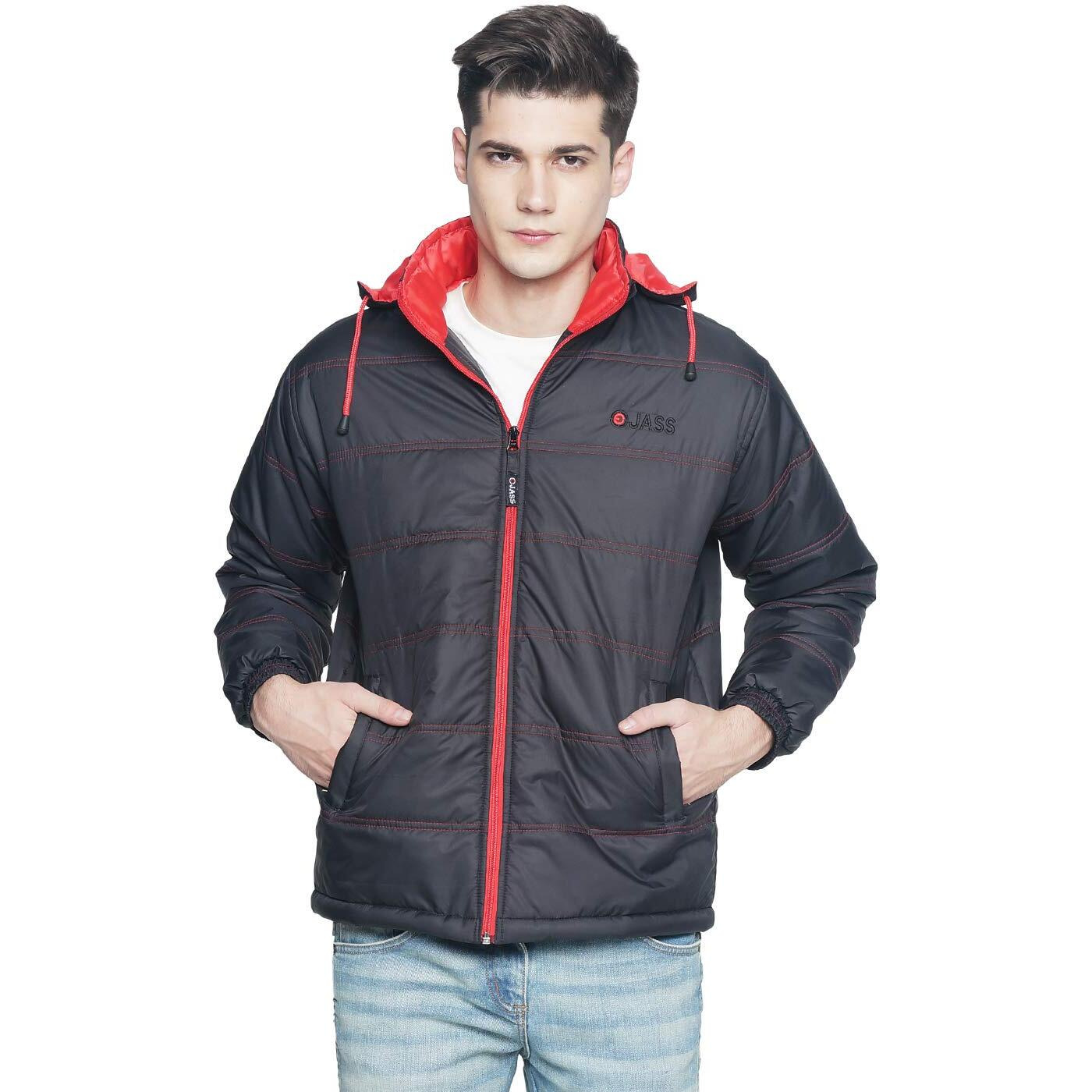 OJASS Synthetic Comfortable Full Sleeve Solid Men's Black Red Standard Length Jacket For Boys (Ocsbjf-Bk_Rd-Xl)