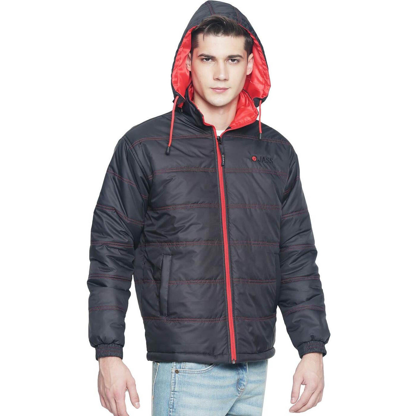 OJASS Synthetic Comfortable Full Sleeve Solid Men's Black Red Standard Length Jacket For Boys (Ocsbjf-Bk_Rd-Xl)