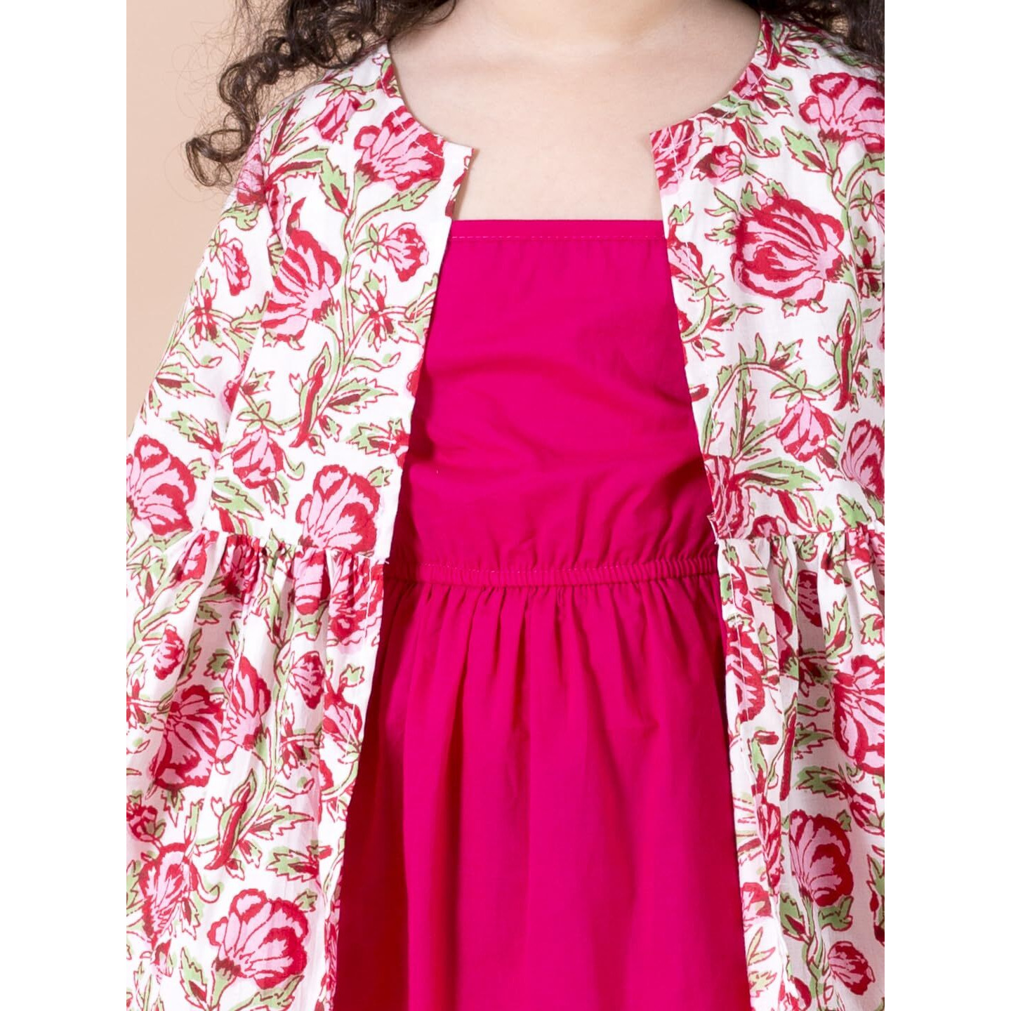 Pspeaches Girls Magenta White Floral A-Line Cotton Below The Knee Dress with Attached Shrug (Pink-10-12Y)