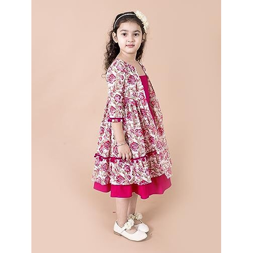 Pspeaches Girls Magenta White Floral A-Line Cotton Below The Knee Dress with Attached Shrug (Pink-10-12Y)