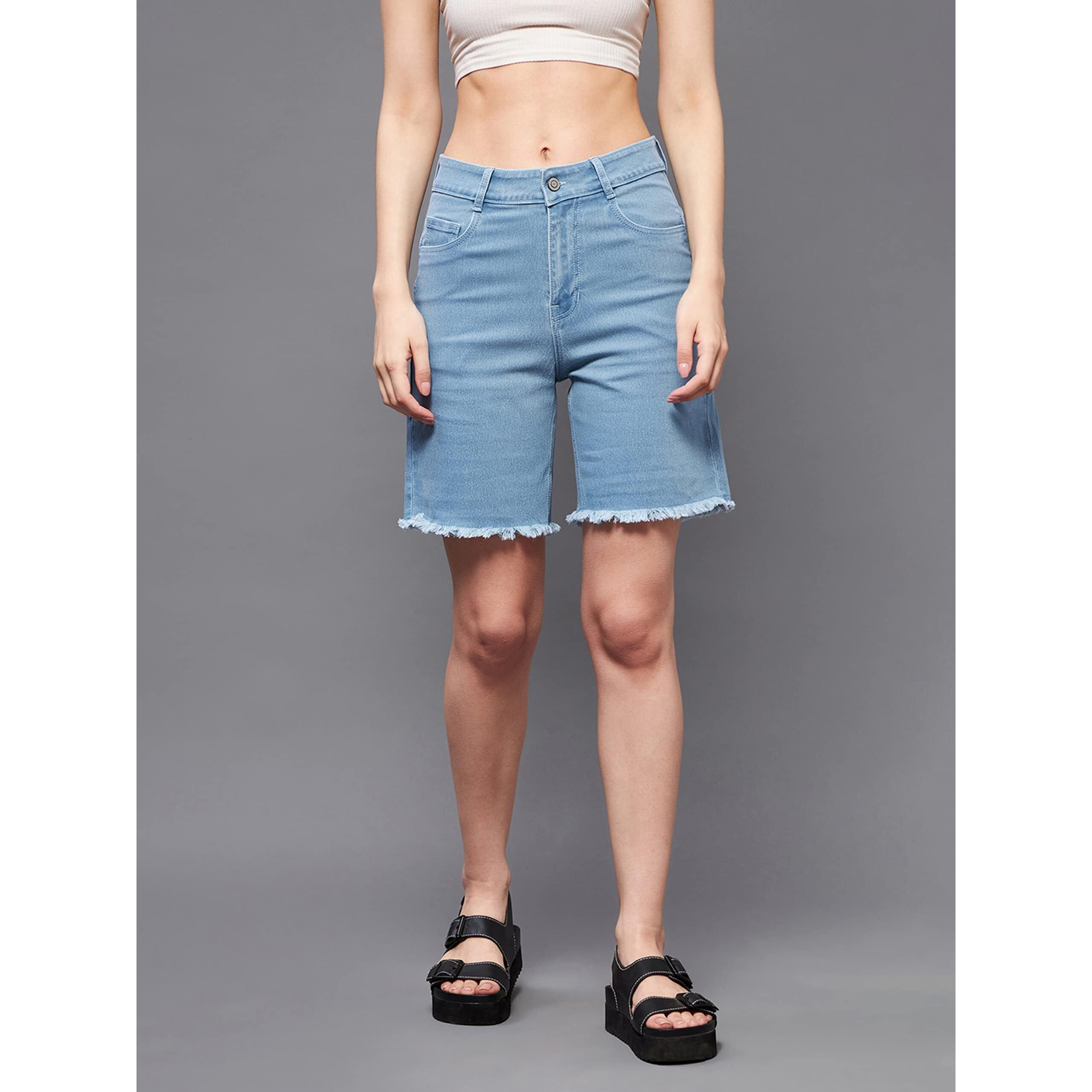 Miss Chase Women's Light Blue Regular High Rise Clean Look Above Knee Stretchable Denim Shorts (MCSS22DEN09-05-158-34, Light Blue, 34)