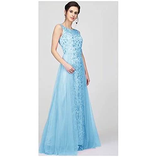 PATLANI Women's Net Fit and Flare Knee-Length Dress (All Over-New_Light Blue Medium