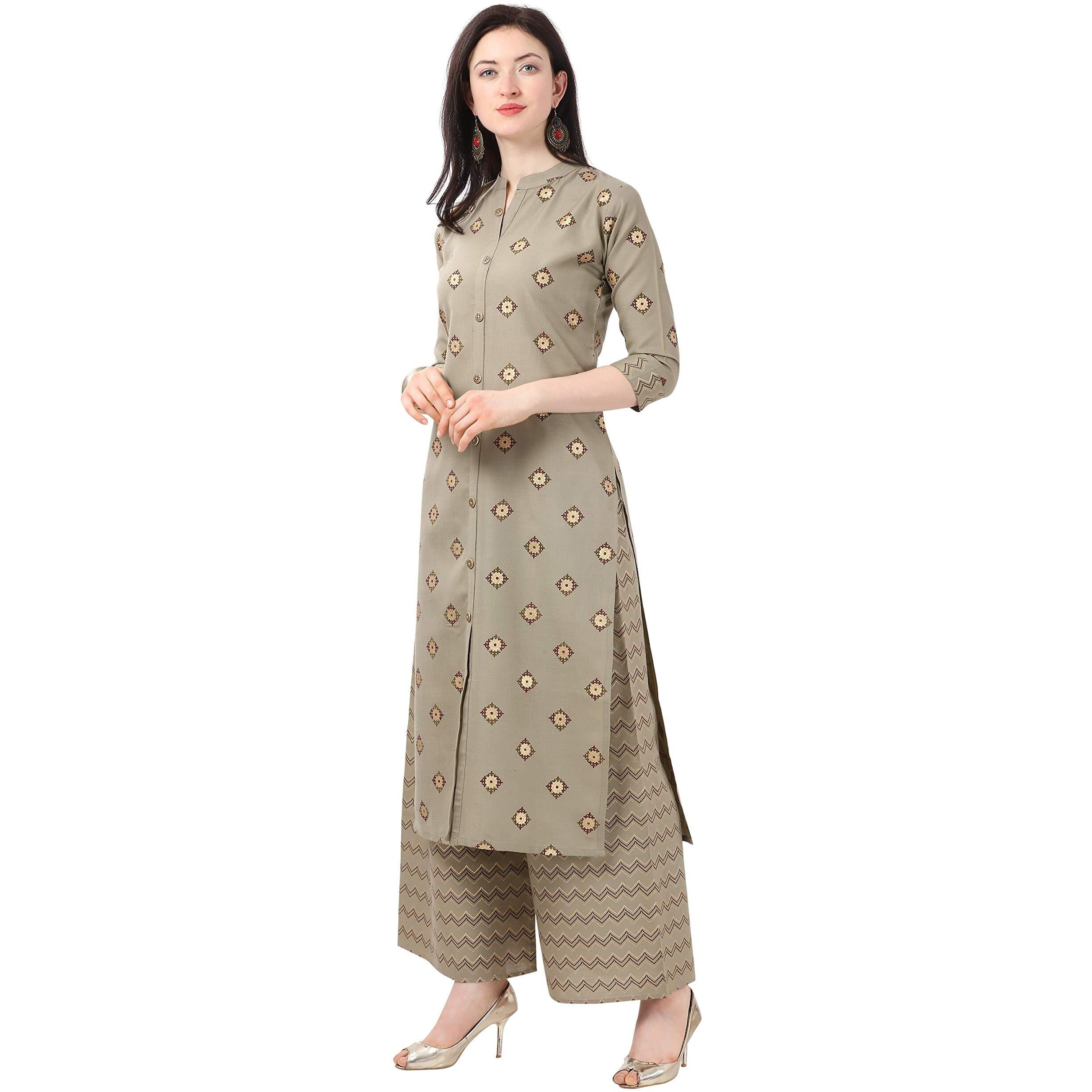 NAINVISH Women Grey Cotton Blend Printed Straight Kurti with Palazzo Set (SD53GREY-S)