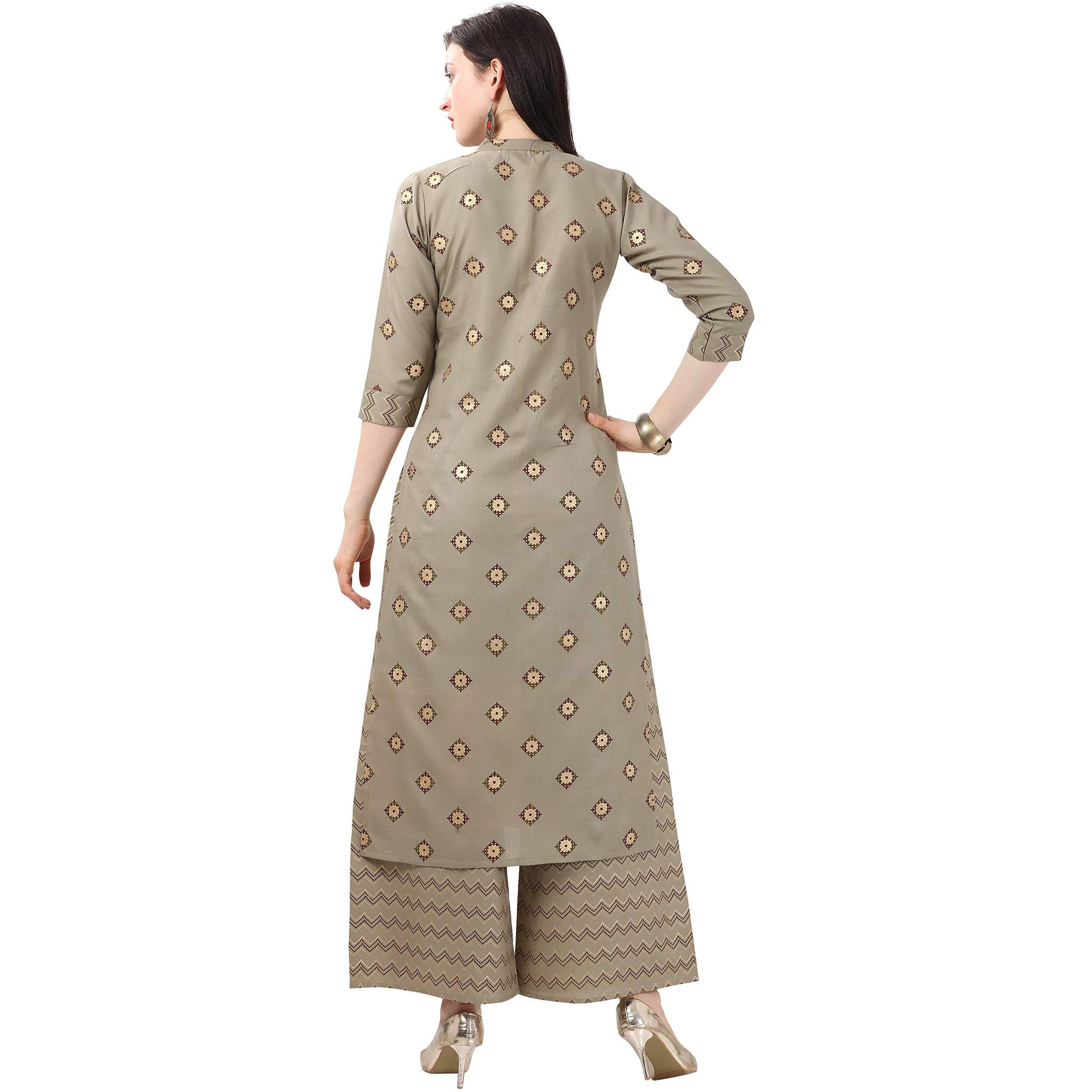 NAINVISH Women Grey Cotton Blend Printed Straight Kurti with Palazzo Set (SD53GREY-S)