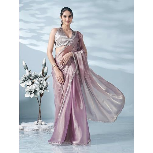 Womanista Women's Jimmychoo Solid Pink Saree Embellished Lace With Un-stitched blouse