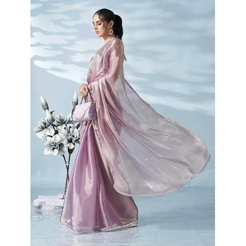 Womanista Women's Jimmychoo Solid Pink Saree Embellished Lace With Un-stitched blouse