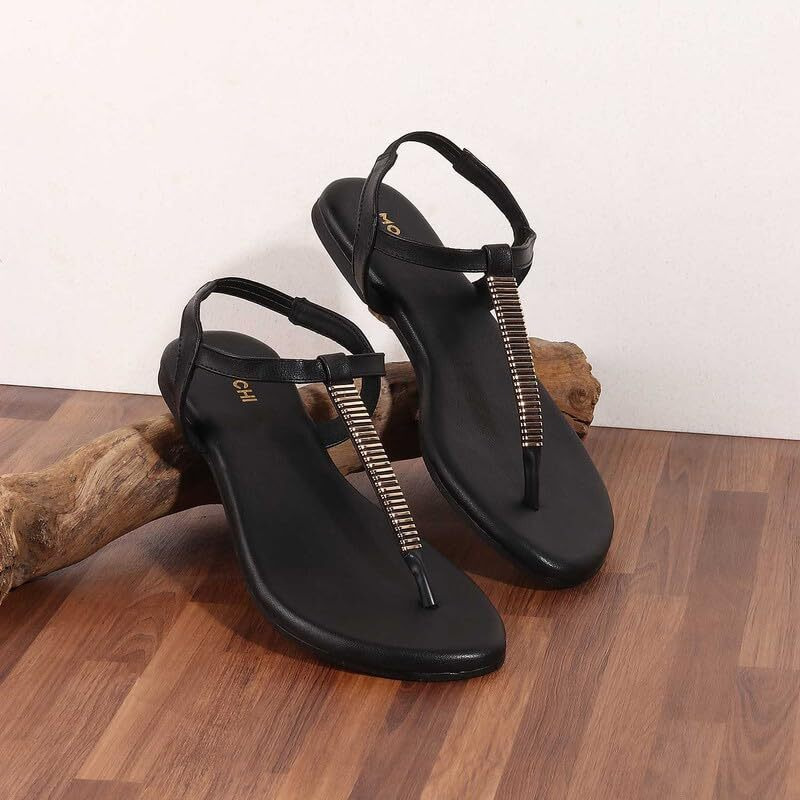 Mochi Women's Black Faux Leather Flat Fashion Sandals UK/5 EU/38 (33-1417)