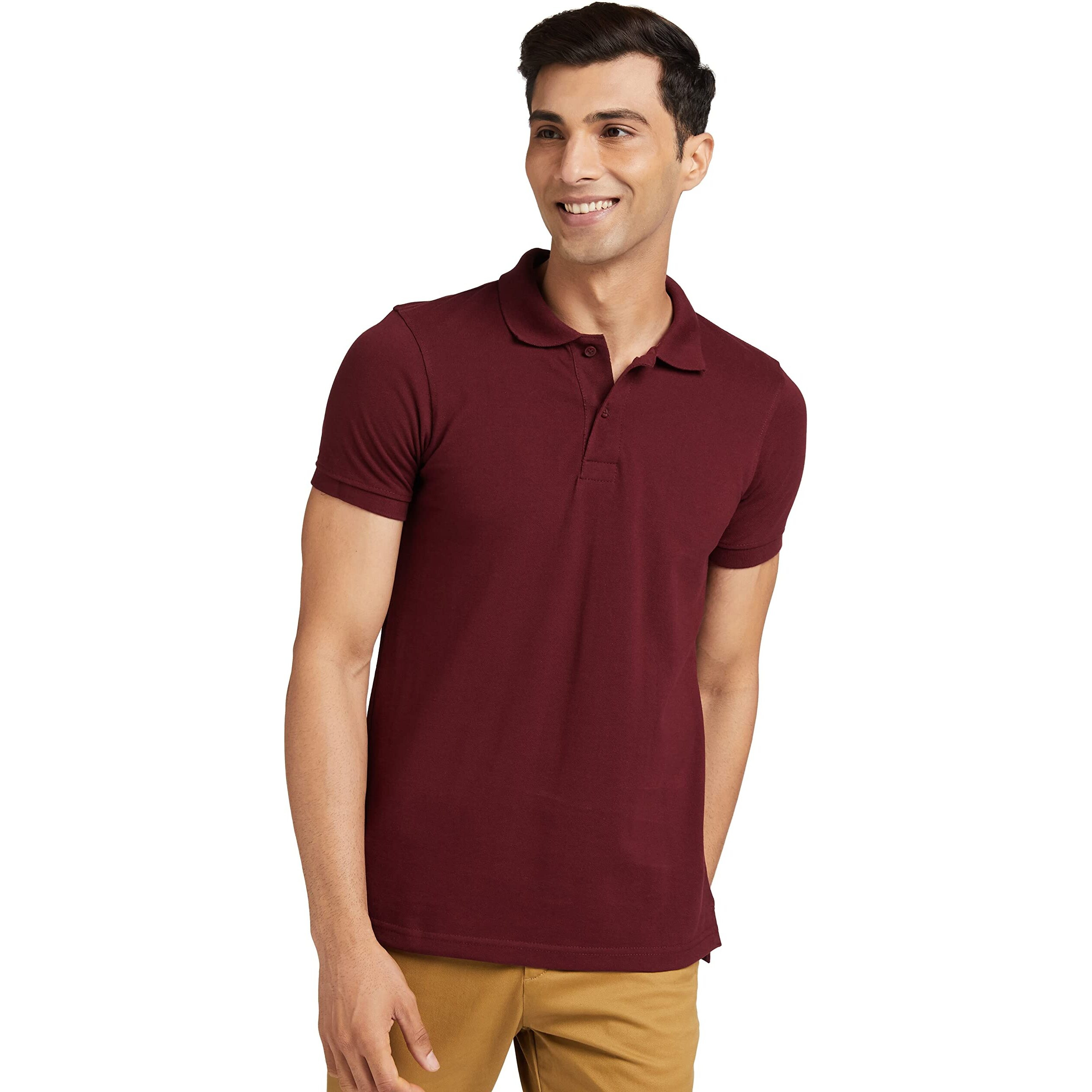 Amazon Brand - Symbol Men's Solid Cotton Rich Polo T Shirt | Collar Tshirts | Half Sleeves | Plain-Regular Fit (Pomegranate_2XL) (Available in Plus Size)