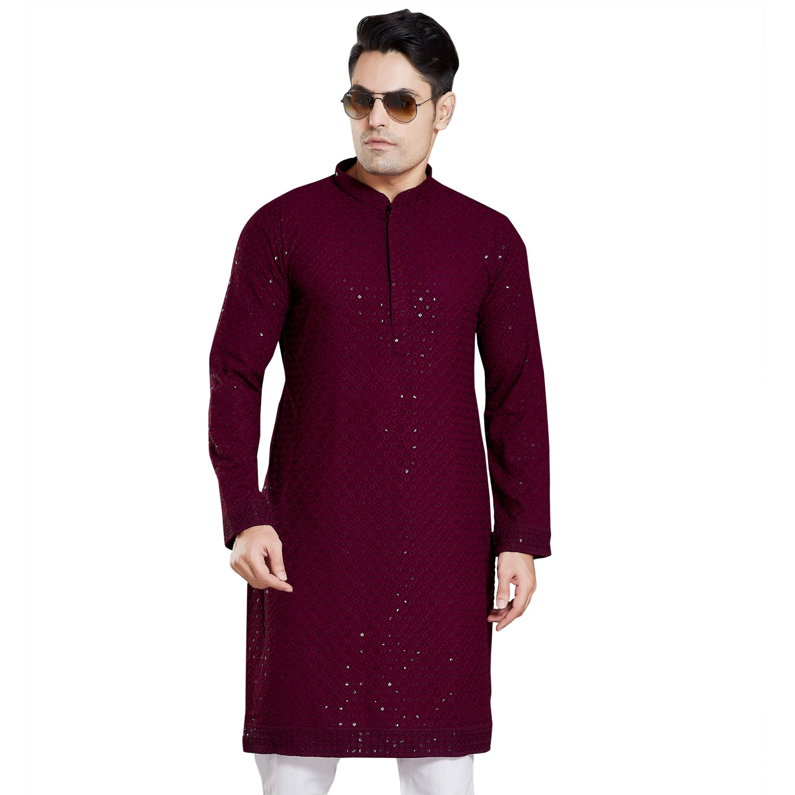 DIVISIVE Men's Sequince Embroidered Cotton Blend Only Slim Fit Kurta (DKRT14_L_Burgundy)