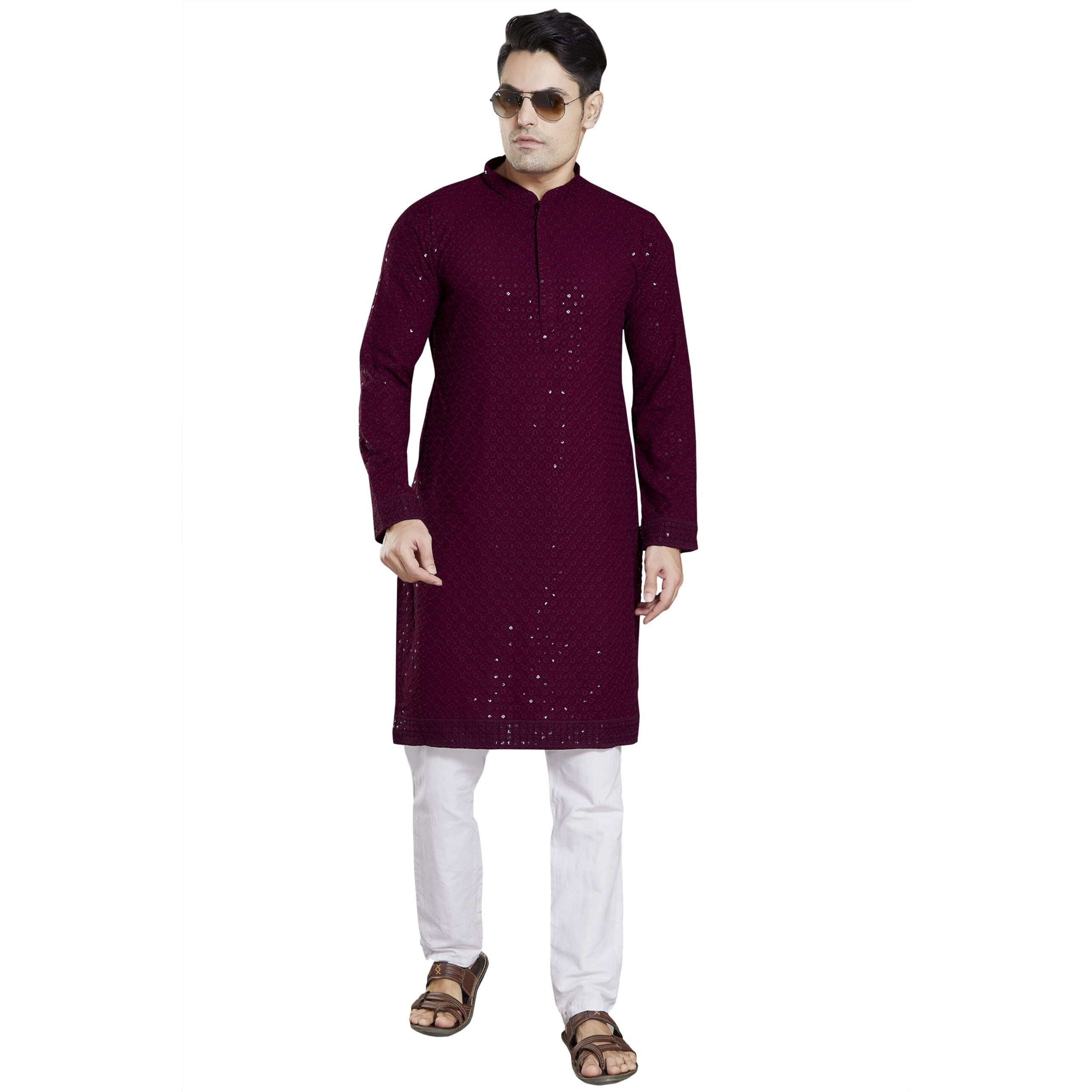 DIVISIVE Men's Sequince Embroidered Cotton Blend Only Slim Fit Kurta (DKRT14_L_Burgundy)