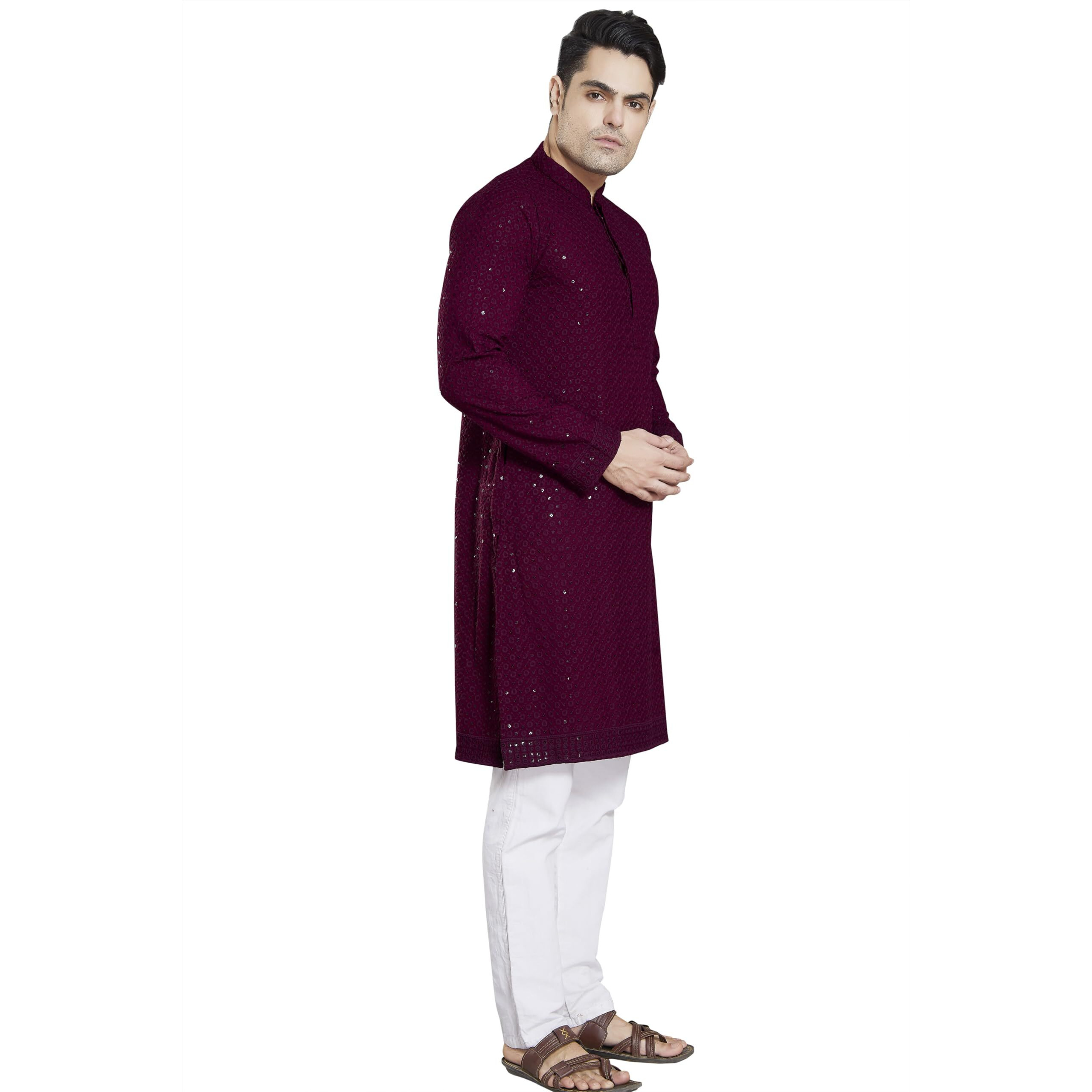 DIVISIVE Men's Sequince Embroidered Cotton Blend Only Slim Fit Kurta (DKRT14_L_Burgundy)