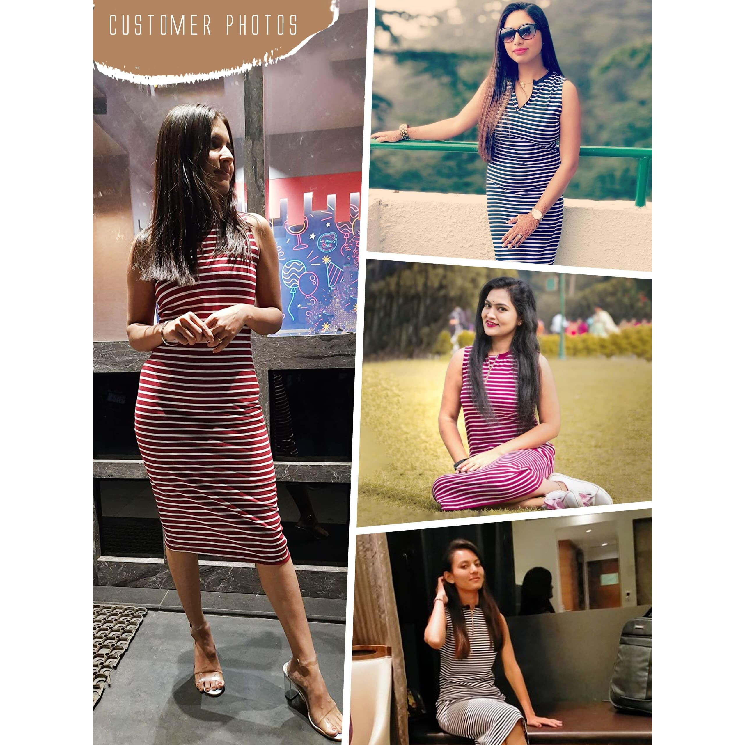 Miss Chase Women's Comfortable Sleeveless Striped Midi Bodycon Dress with Zipper | 3 Colors(MCSS17D07-87-139-06,Maroon and White,X-Large)