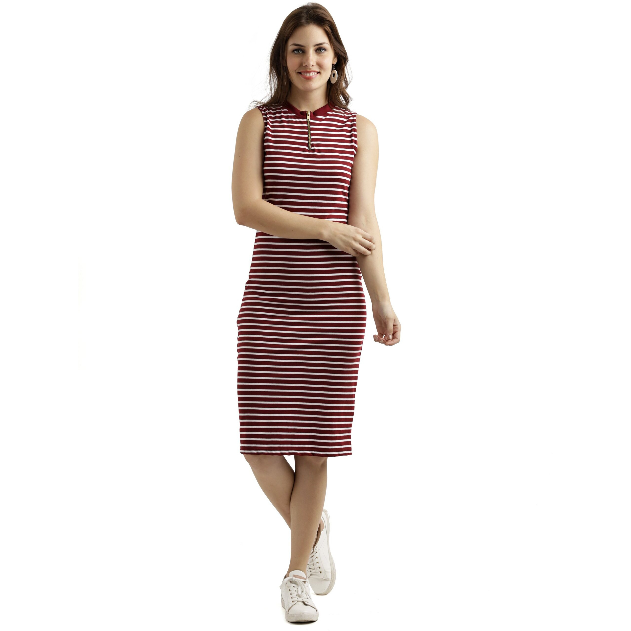 Miss Chase Women's Comfortable Sleeveless Striped Midi Bodycon Dress with Zipper | 3 Colors(MCSS17D07-87-139-06,Maroon and White,X-Large)