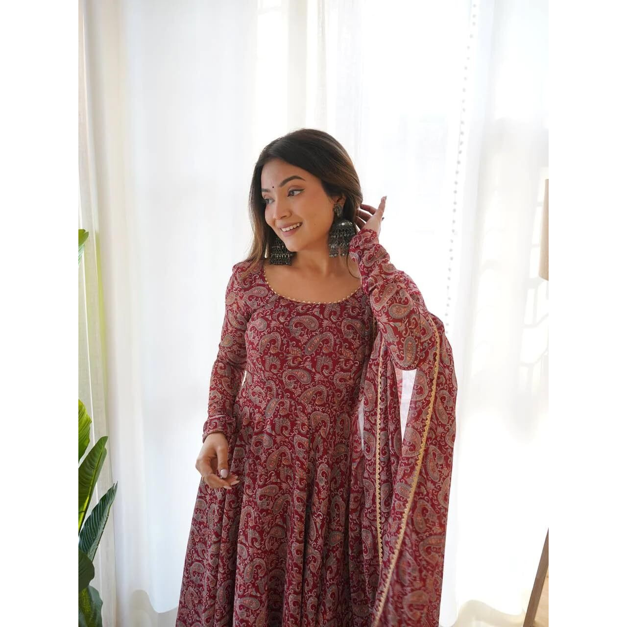 Women Floral Print Anarkali Kurta with Pant and Duptta (Large, Maroon)