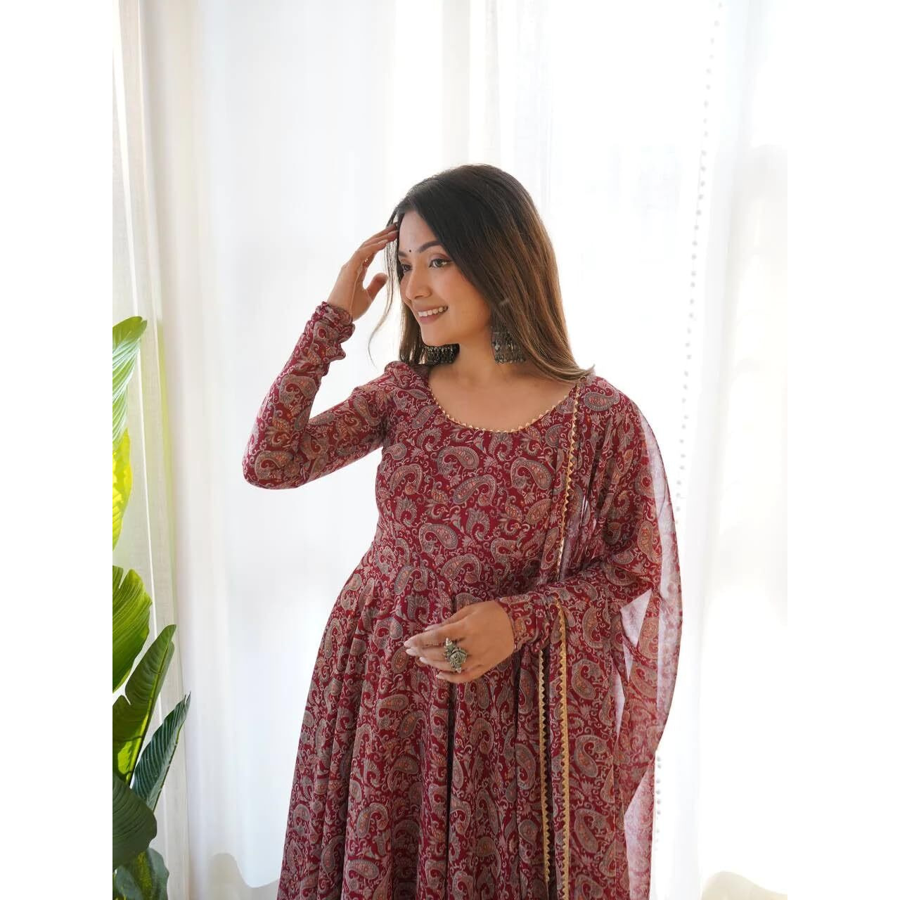 Women Floral Print Anarkali Kurta with Pant and Duptta (Large, Maroon)