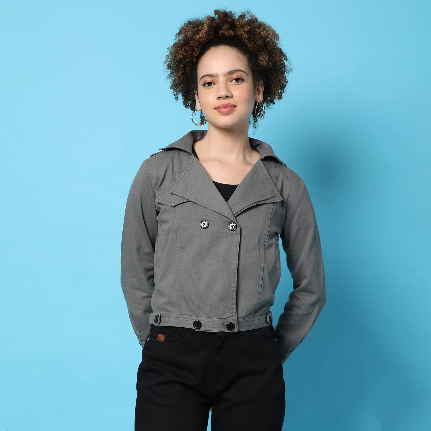 Campus Sutra Womens Grey Dry-Washed Denim Cotton Jacket Regular Fit For Casual Wear, Collared Neck, Double-Breasted, Stylish Crafted With Comfort Fit & For Everyday Wear