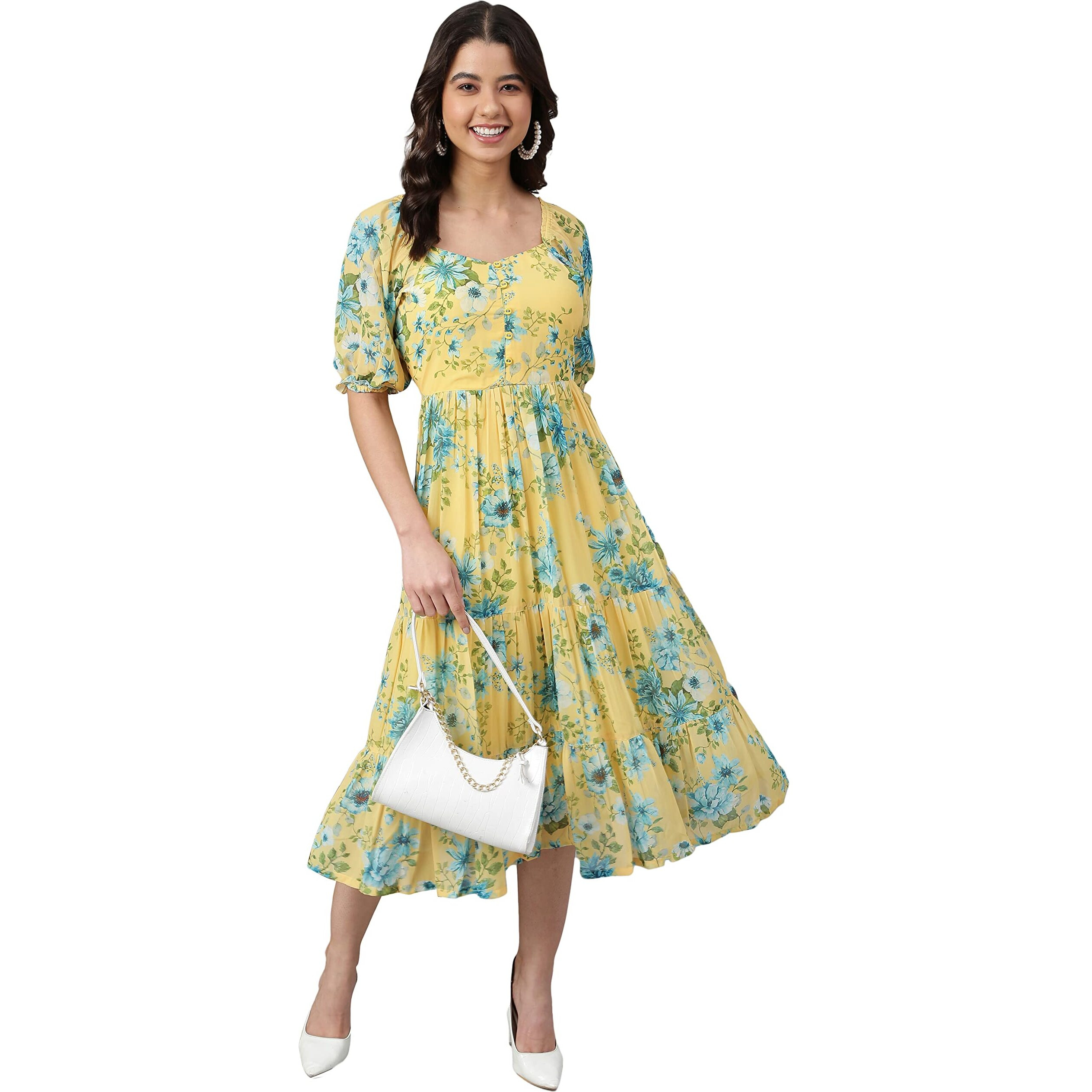 Janasya Women's Yellow Georgette Floral Printed Flared Western Dress(J0433-DR-XXXL)