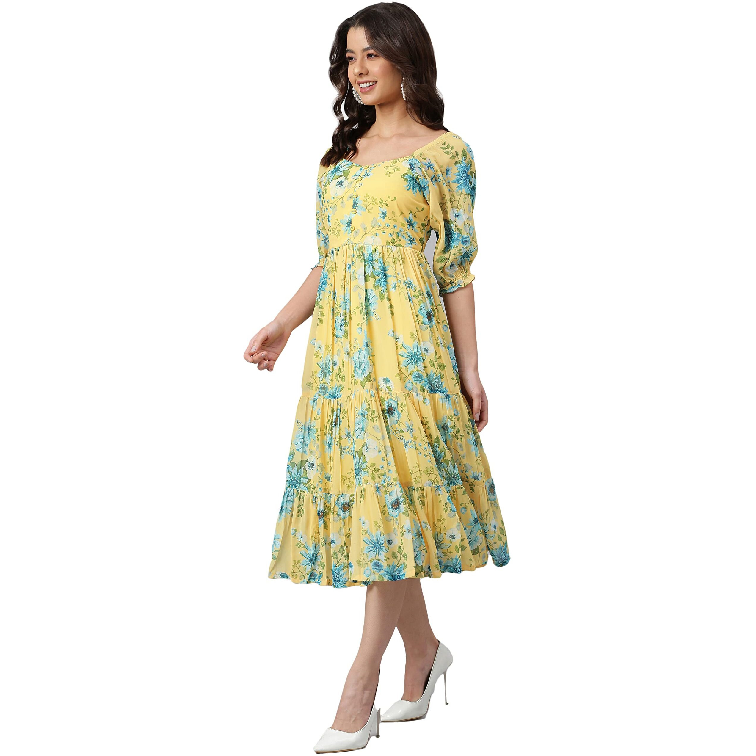 Janasya Women's Yellow Georgette Floral Printed Flared Western Dress(J0433-DR-XXXL)