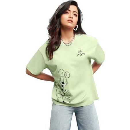 Bewakoof X Official Garfield Merchandise Women's Be Stupid Odie Graphic Printed 100% Cotton T-Shirt - Oversized Fit, Round Neck, Half Sleeves