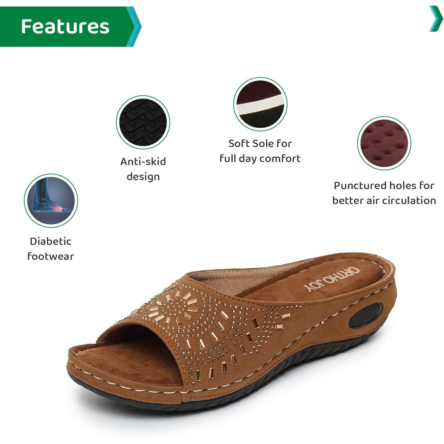 ORTHO JOY Women's Tan Faux Leather Slipper - 7 Uk